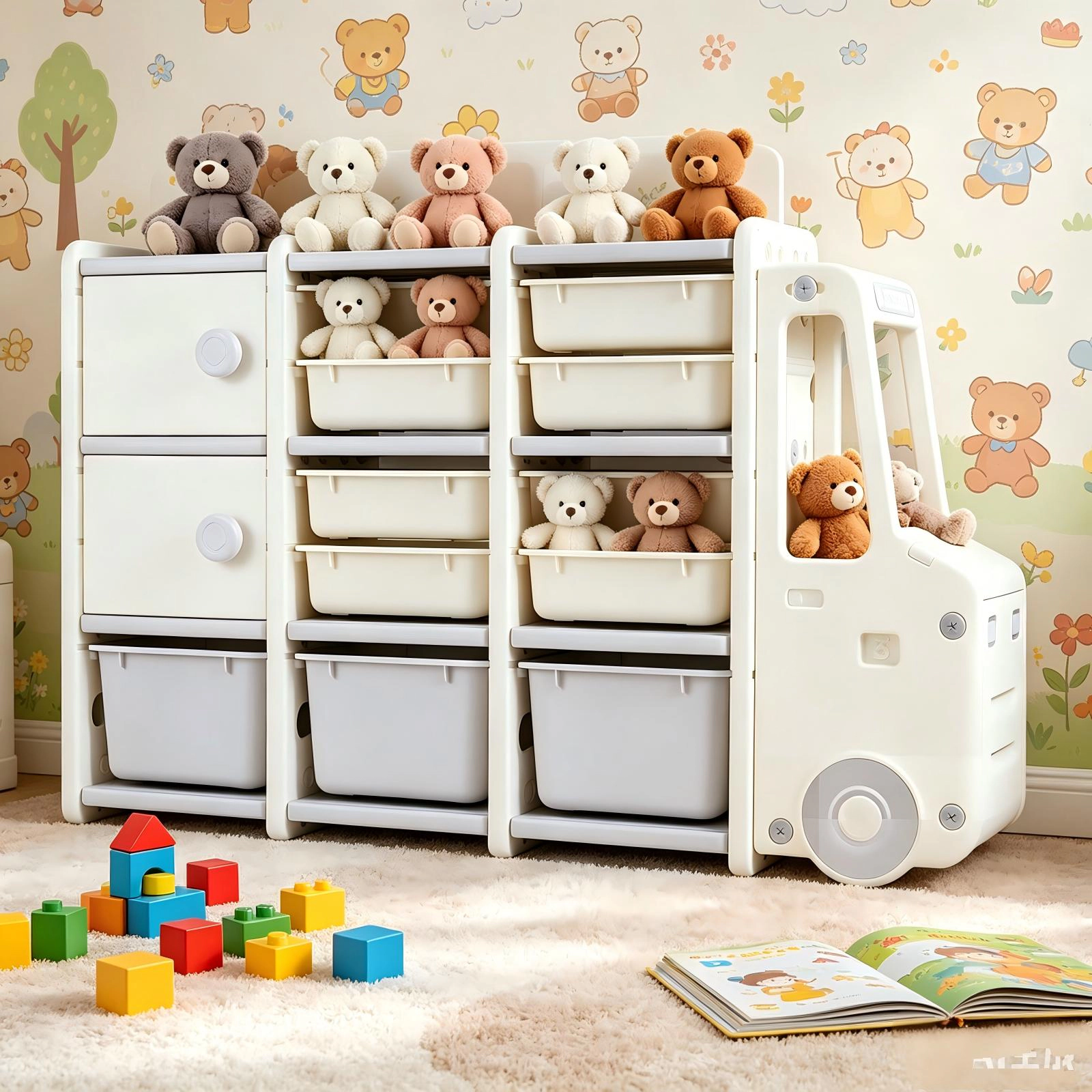 SUGIFT Truck-Shaped Kids Toy Storage Organizer with Toy Chest 55-lb Capacity Ages 3+ Off-White and Gray