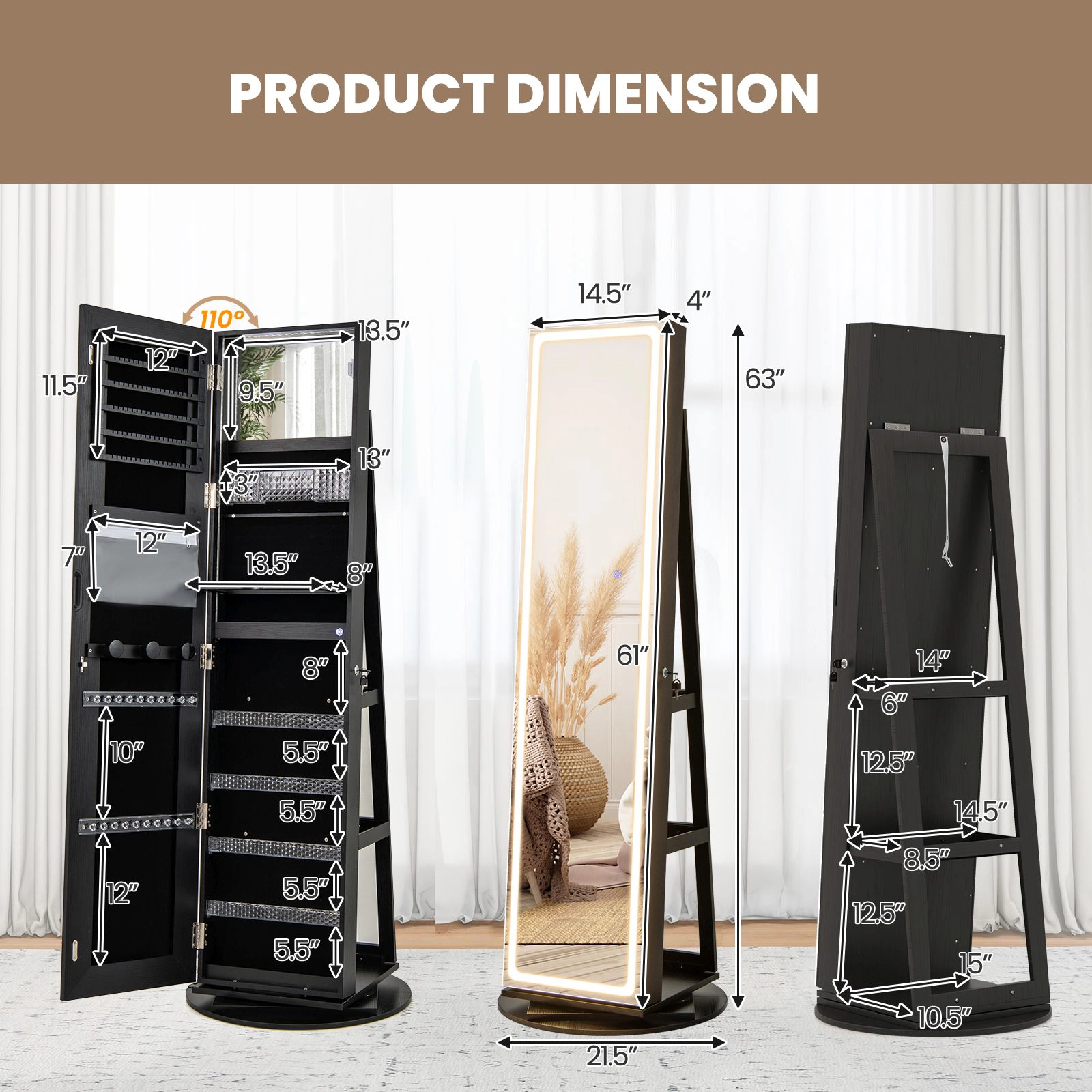 SlickBlue Women Standing Jewelry Armoire with Adjustable LED Mirror