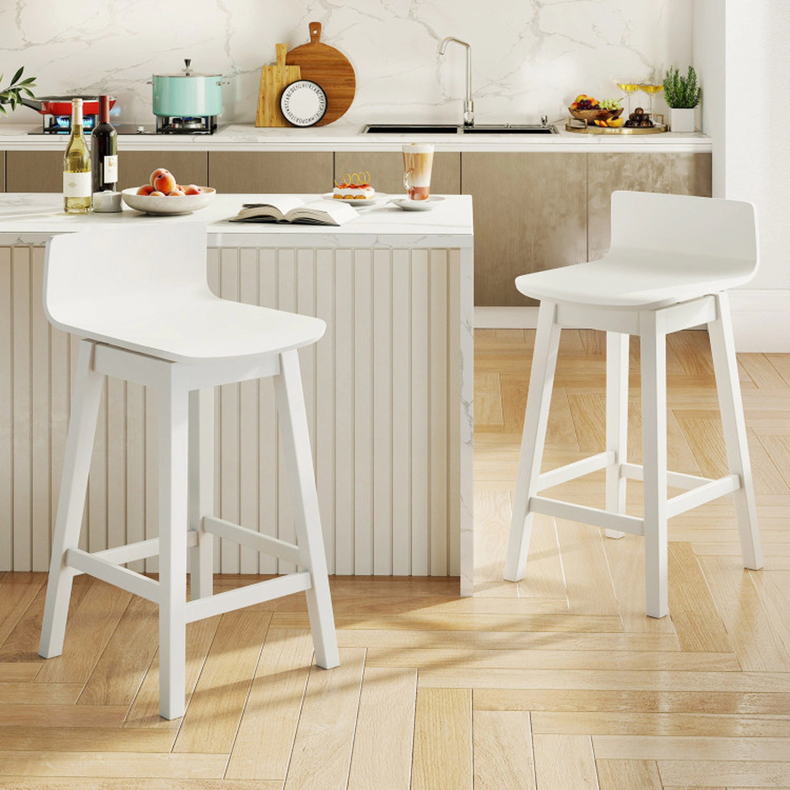 SUGIFT 24.5-in Seat Height Swivel Wooden Bar Stools Set of 2 with Rubber Wood Legs 350-lb Capacity Low Back White