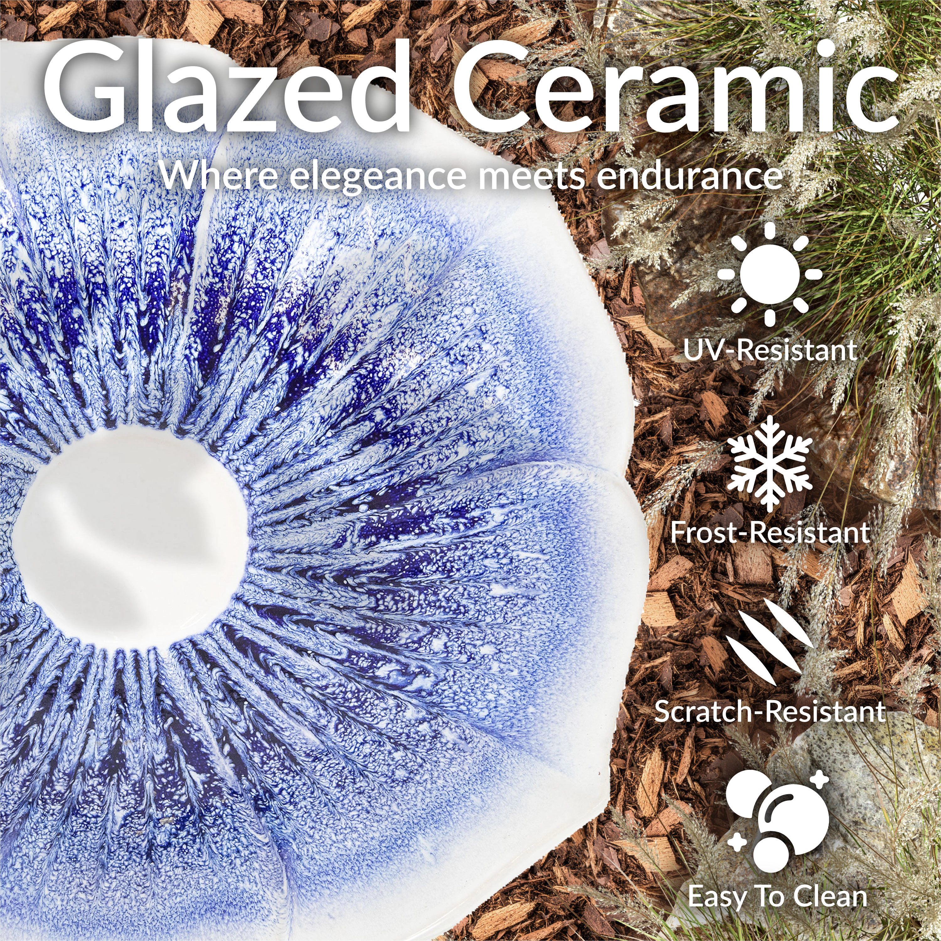 Sunnydaze Misty Blossom Ceramic Bird Bath for Outdoors, 23” H, White & Blue