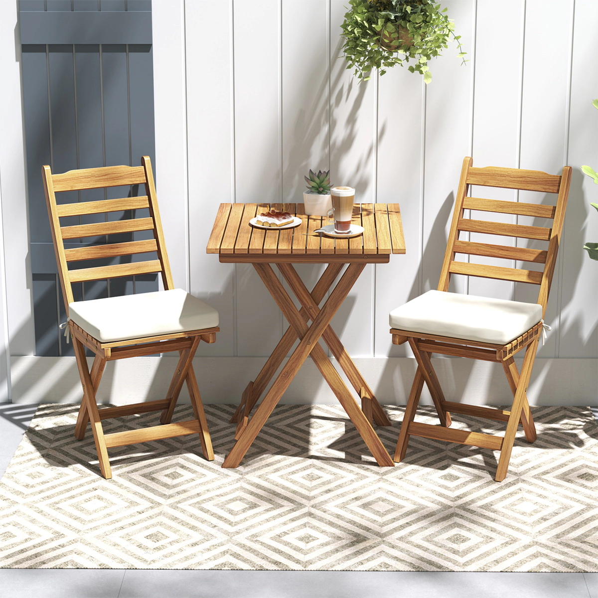 SUGIFT White Table and Seat Cushions 3-Piece Folding Acacia Wood Patio Bistro Set
