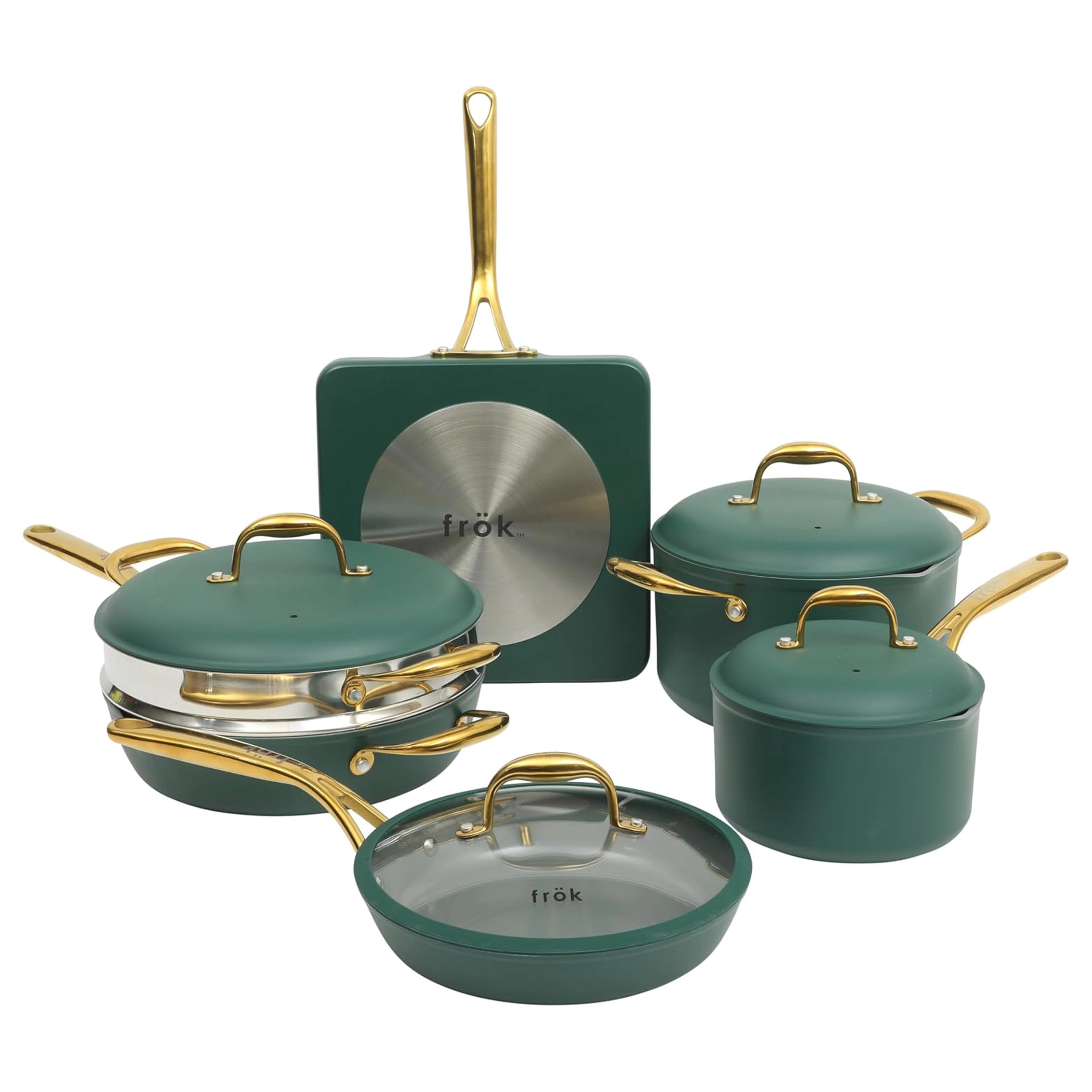 Frok 10 Piece Cearmic Nonstick Aluminum Cookware Set in Green with Gold Handles