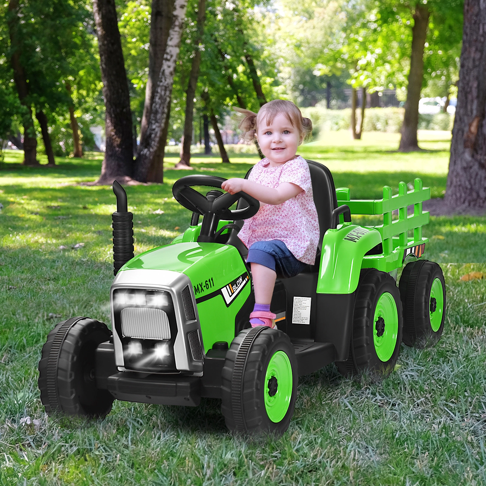 12V Kids Ride on Tractor Detachable Trailer 3-Gear Shift Handle 2.4G Remote LED Lights Ages 3+ 66-lb Capacity