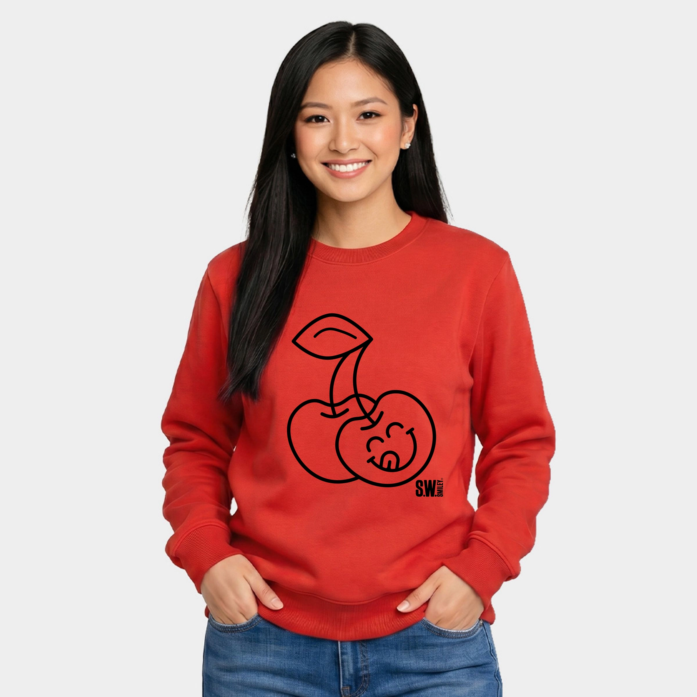 Simply Sage Market - Women's Graphic Sweatshirt S.W.Smiley Cherry Face Outline