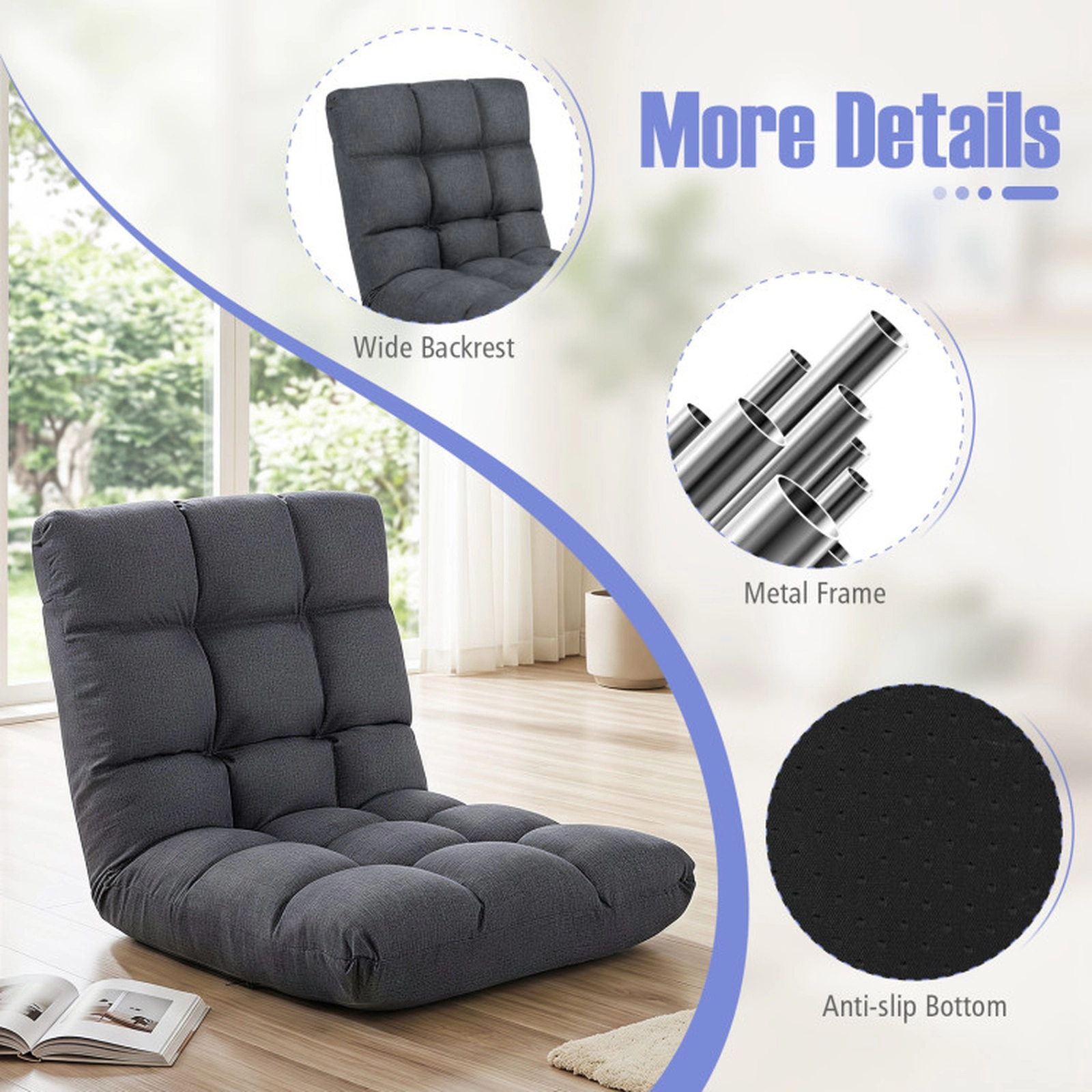 SUGIFT 14-Position Adjustable 264-lb Capacity Gray Cotton Linen Folding Lazy Floor Gaming Sofa Recliner