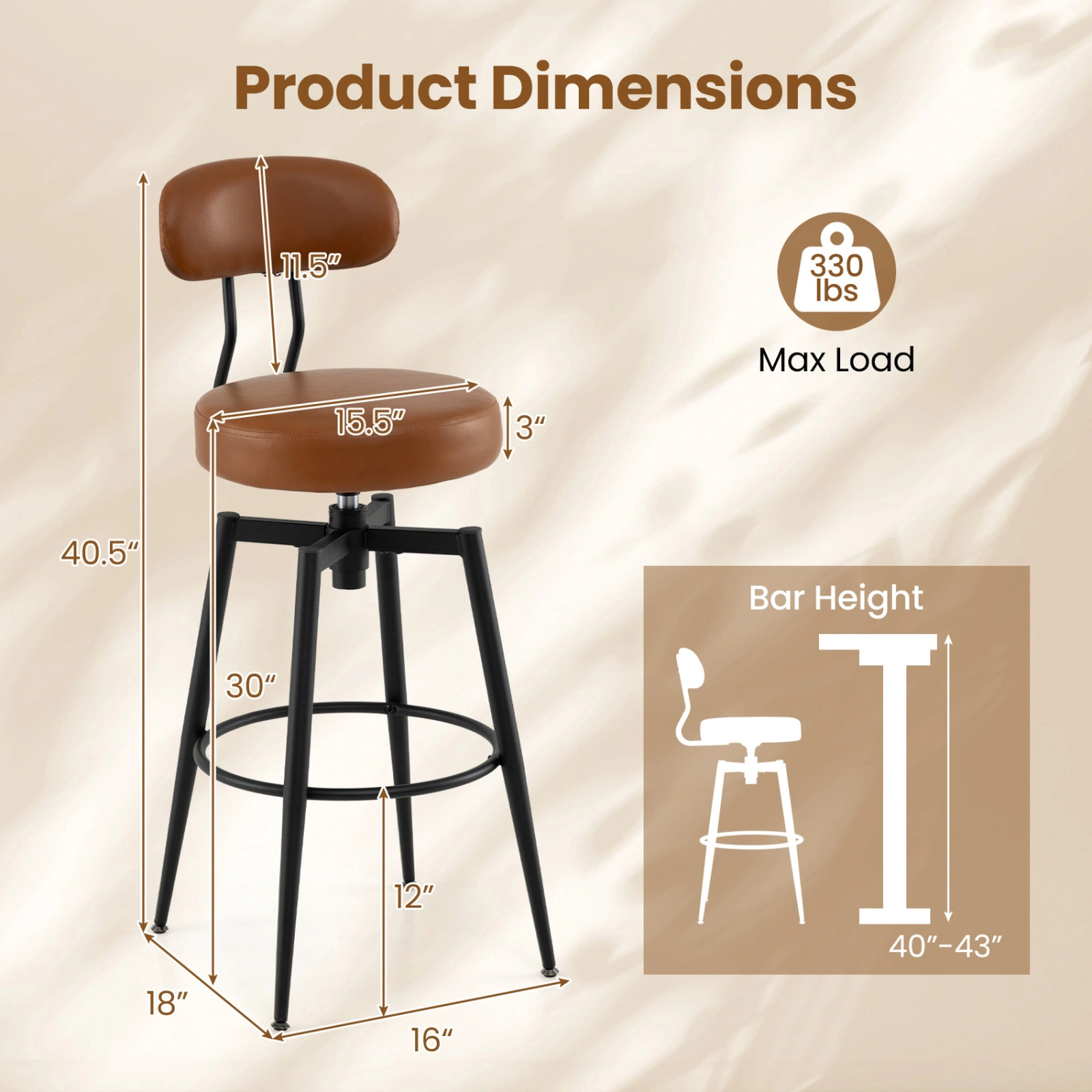 SUGIFT Set of 2 360° Swivel Bar Height Faux Leather Upholstered Bar Stools 330-Lb Capacity 30-in Seat Brown