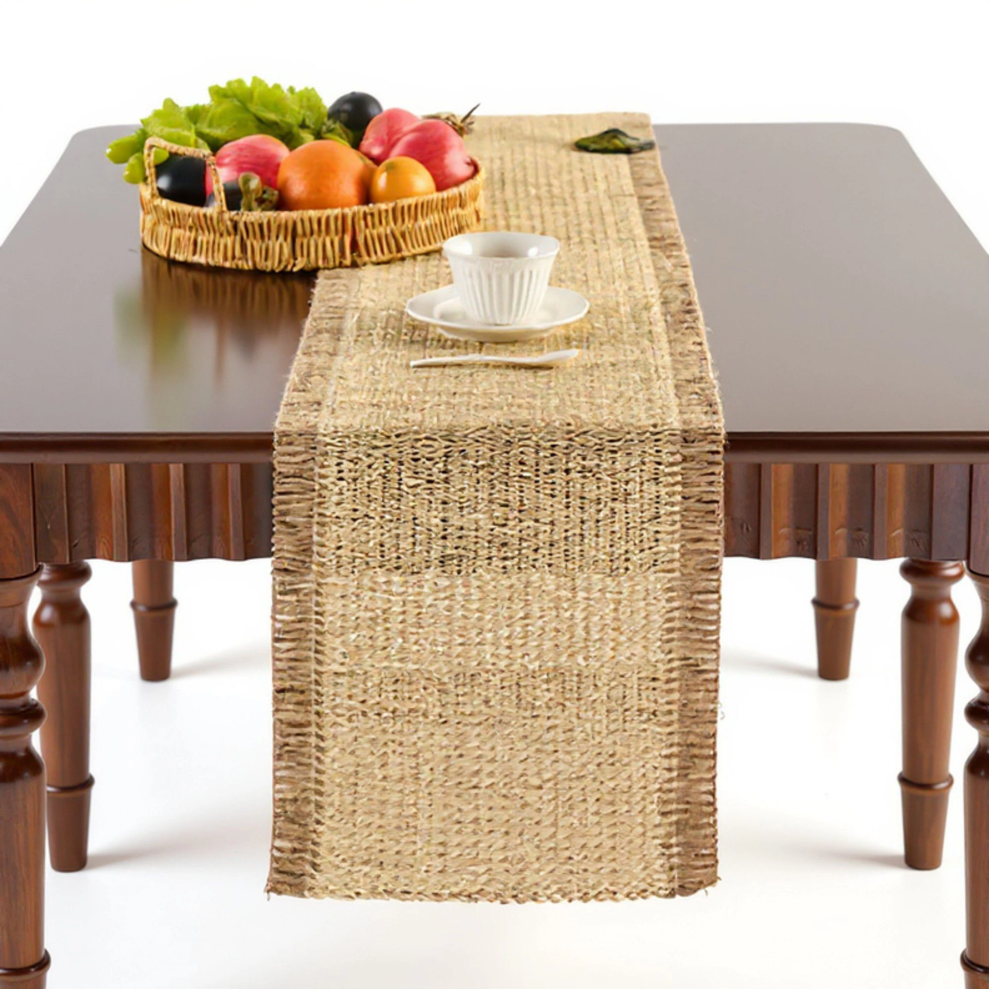 Alilang Women Textured Woven Table Runner with Fringe Trim and Neutral Stripe Pattern 47x11.8
