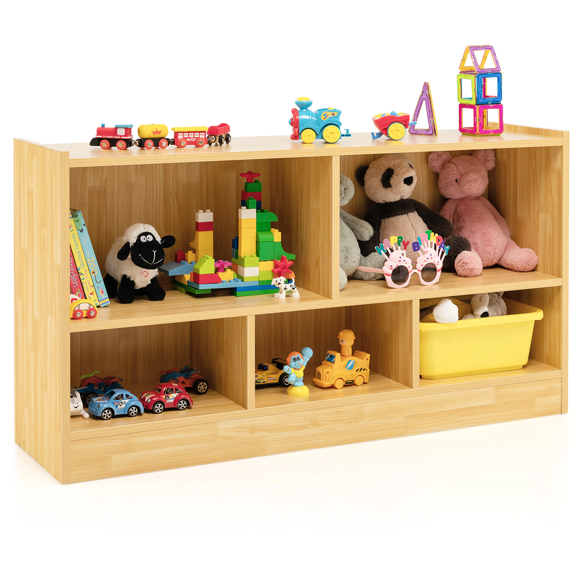 Costway Kids 2-Shelf Bookcase 5-Cube Wood Toy Storage Cabinet Organizer Grey