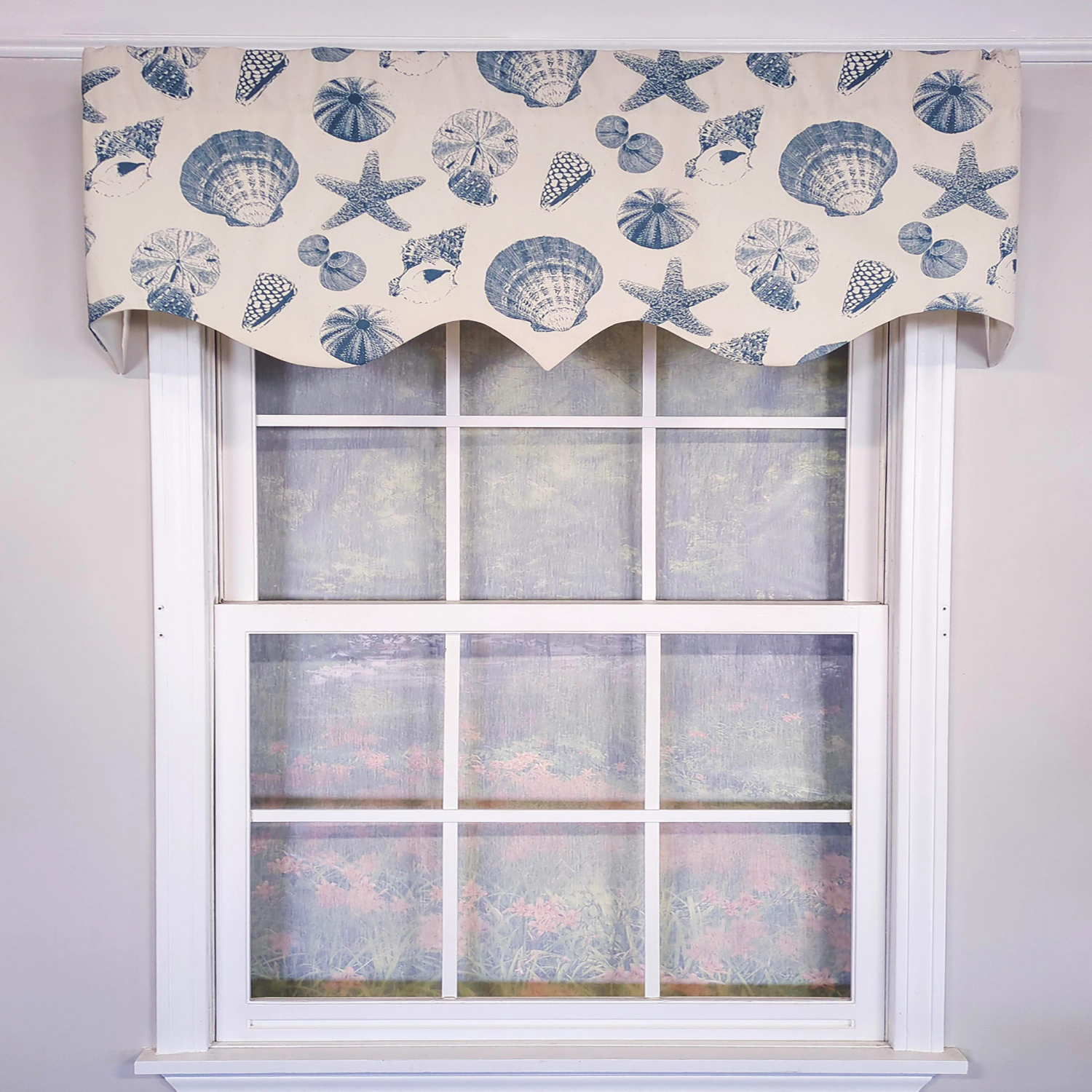 RLF Home 100% Cotton Seashells Regal With Ivory Lining Rod Pocket Window Valance 50" x 17" Blue