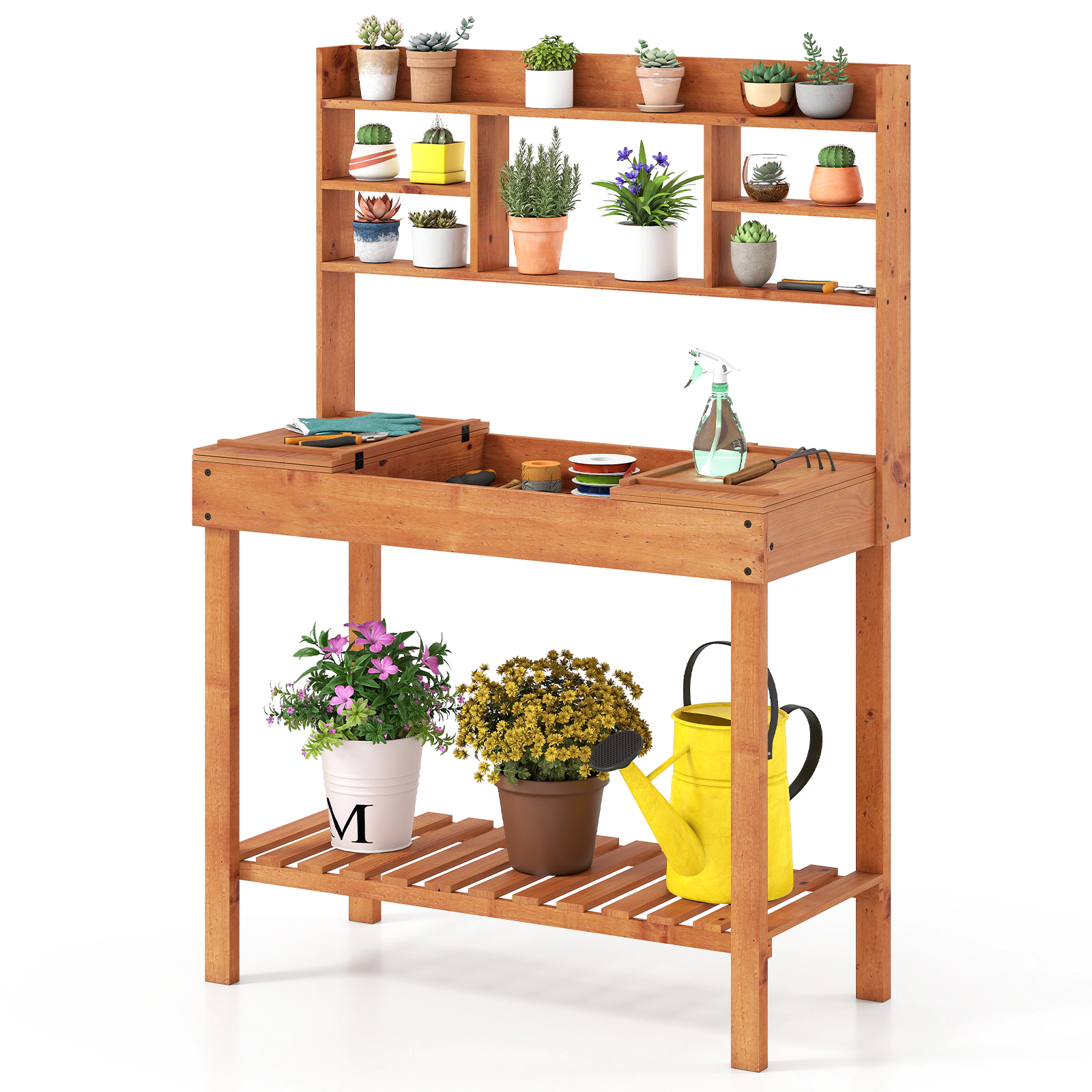LJG Wooden Potting Bench Table 61" Garden Planting Workstation with 3-Tier Open Shelf