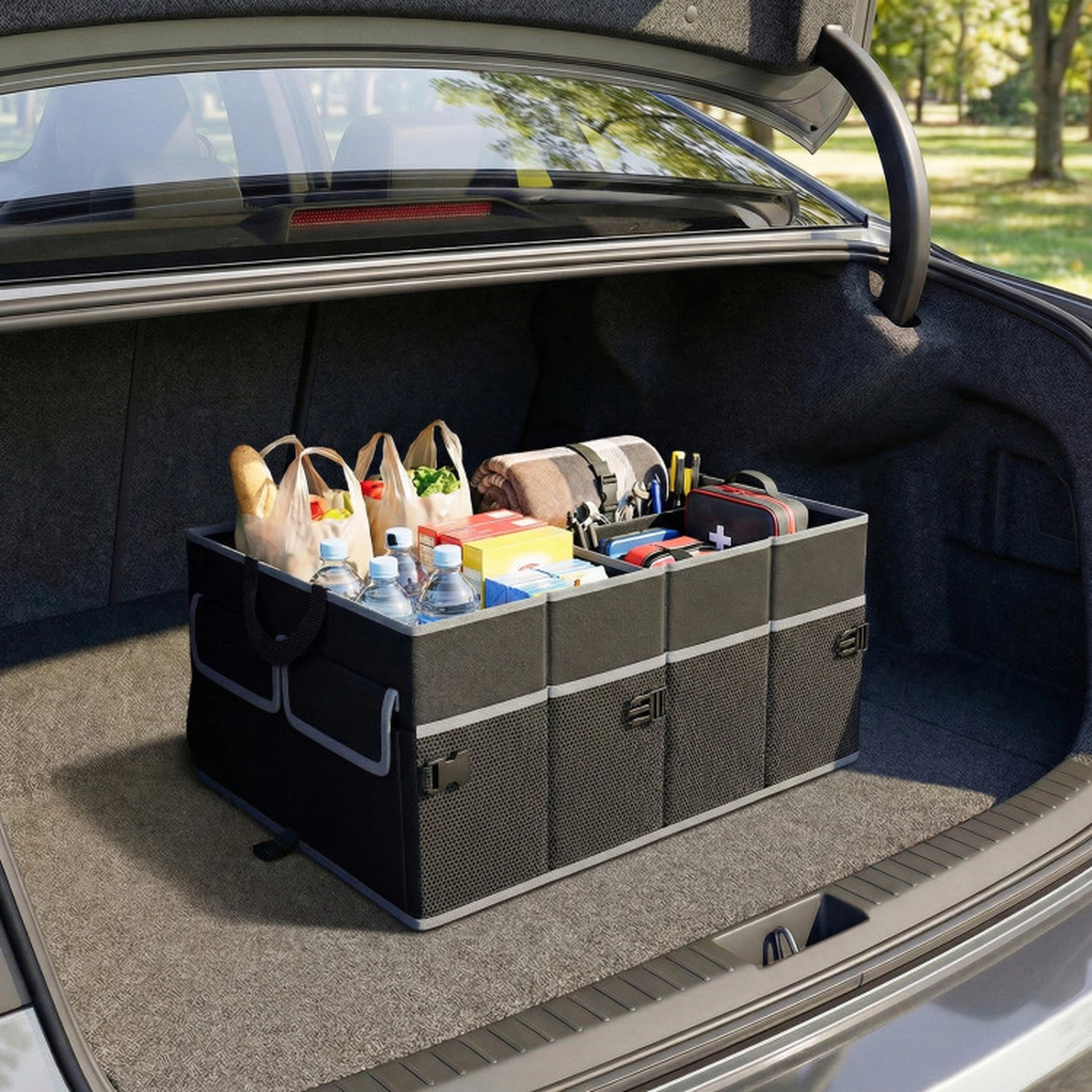 SUGIFT Collapsible 13 Gallon Car Trunk Organizer with Removable Divider 3 Compartments 6 Pockets Black