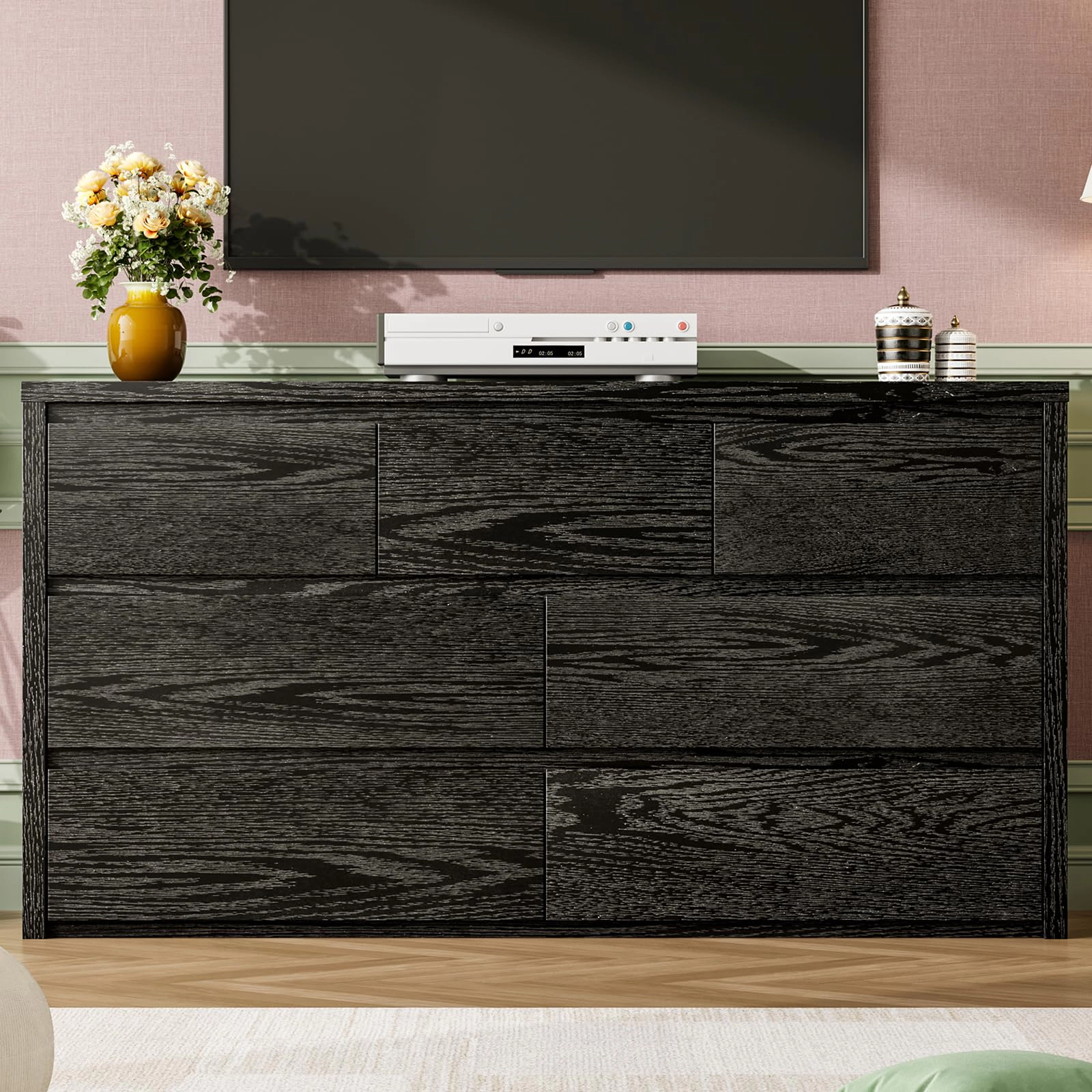 Modern 7 Drawer Wooden Dresser, Wide Minimalist Chest of Drawers for Bedroom or Living Room