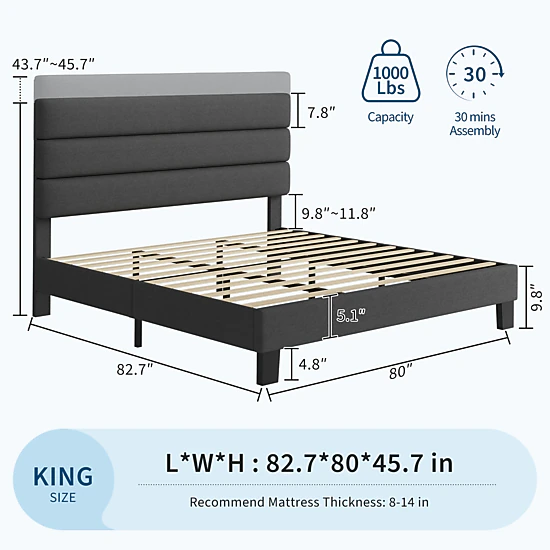 BebreezChic Grey King Linen Platform Bed 82.7