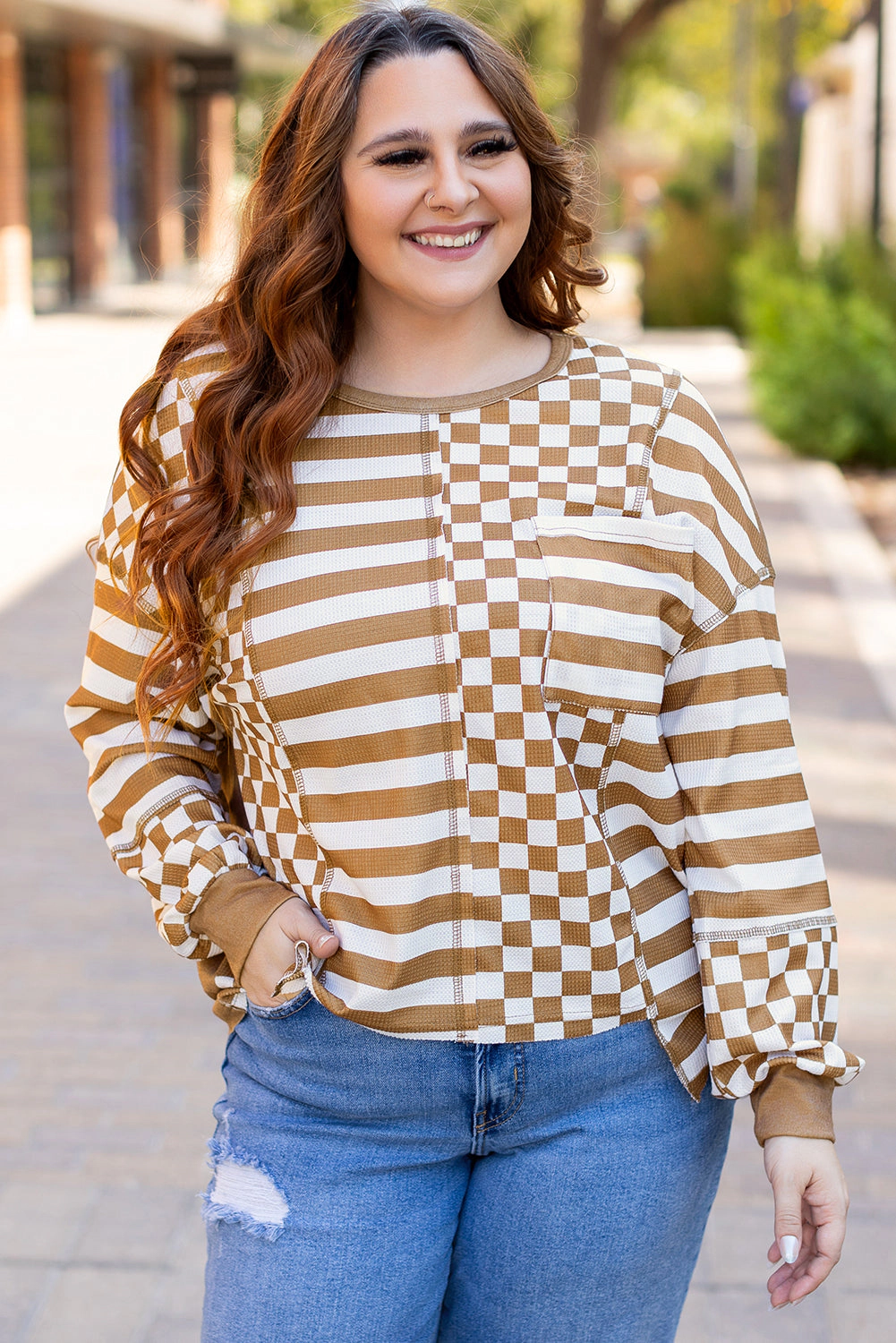 Threaded Pear Women's Khaki Striped Checkered Mixed Print Chest Pocket Casual Plus Top