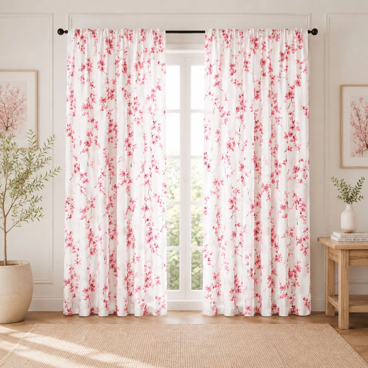 Kate Aurora 1 Piece Printed Cherry Blossom Rod Pocket Window Curtain Panel