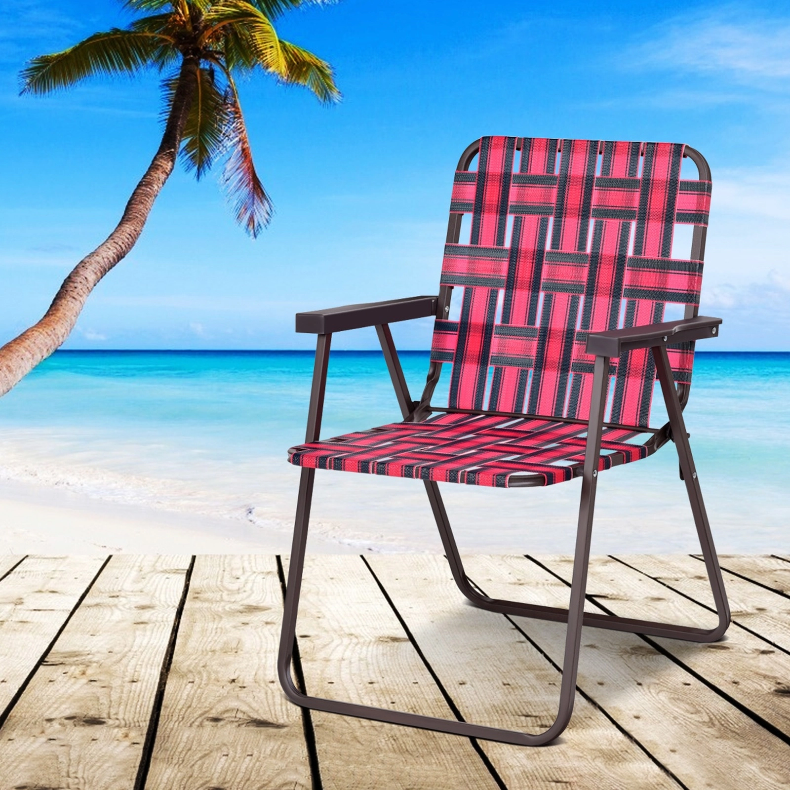 SUGIFT Folding Beach and Camping Lawn Webbing Chair Set 265-lb Capacity Red