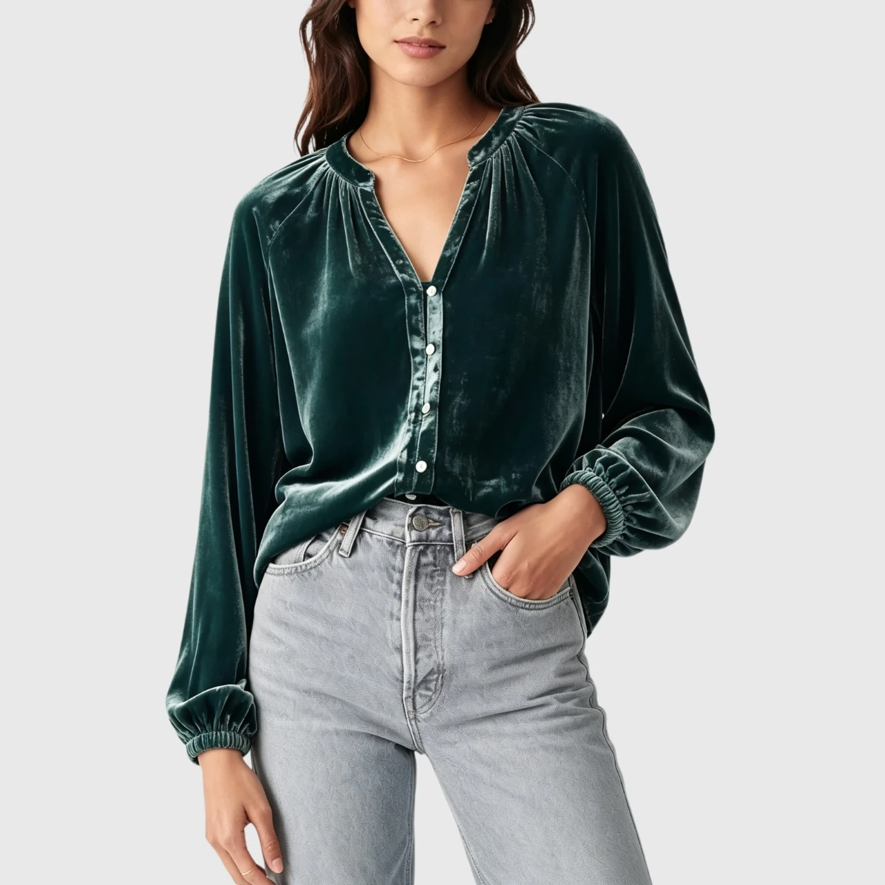 YesFashion Women's Velvet Shirts Tops Casual Pleated V Neck Puff Long Sleeve Button Down Work Blouse