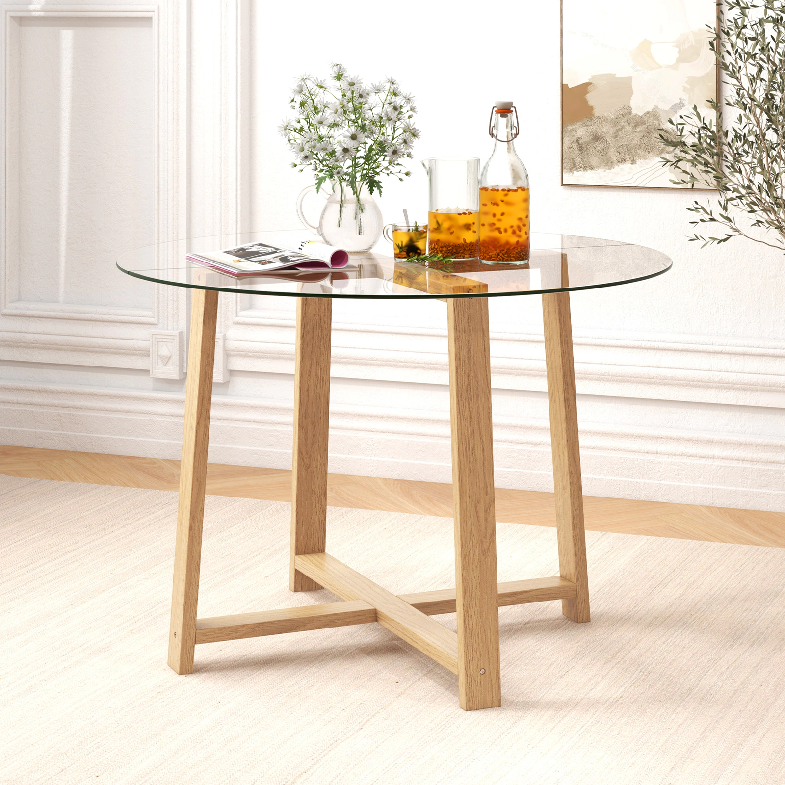 LJG 42 Inches Round Glass Dining Table with Tempered Glass Tabletop and Rubber Wood Legs