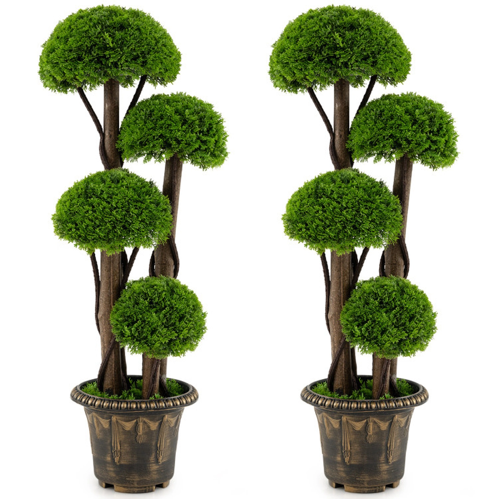 SUGIFT Set of 2 3-ft Realistic Artificial Cypress Topiary Trees with Spiral Vines and Cement-Filled Pots