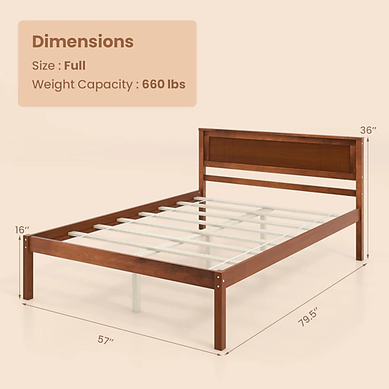 SUGIFT Full Platform Bed Frame, Walnut Wood Headboard, 16-Inch Footboard