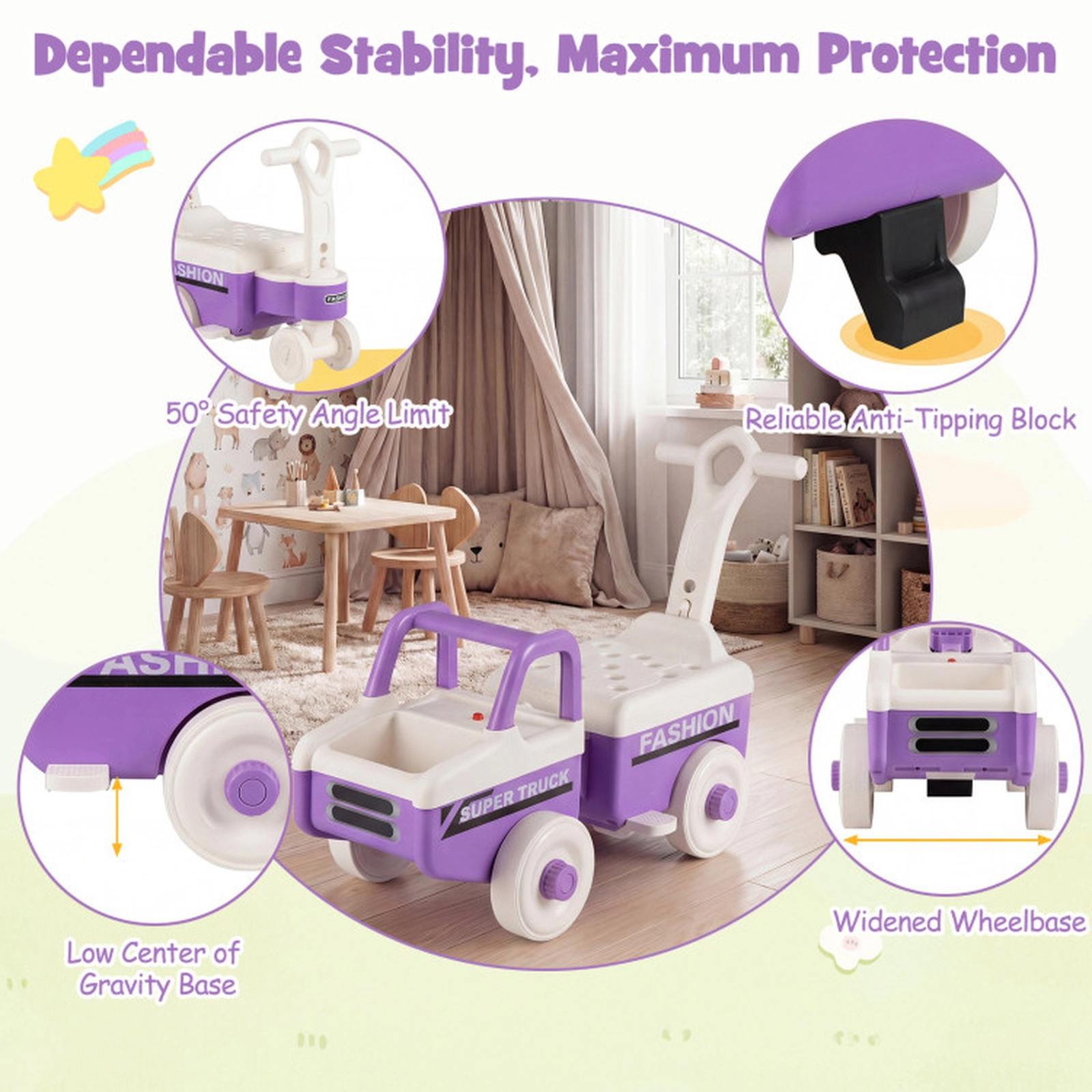 SUGIFT 4-in-1 Ride-On Push Car Foot-to-Floor Car Push Walker with Music Under-Seat Storage & Trailer 45-lb Capacity Ages