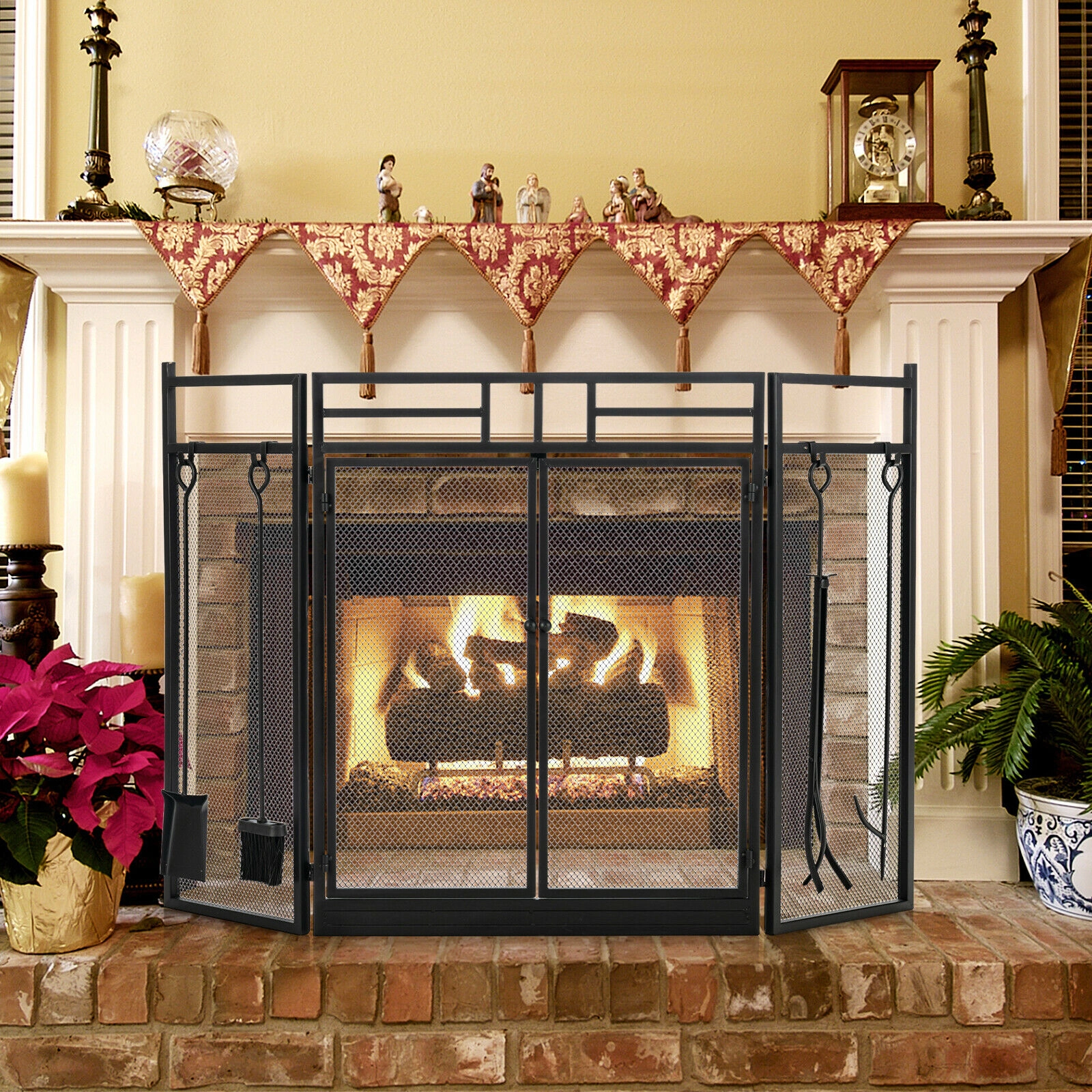 SUGIFT 48.5-in 3-Panel Folding Wrought Iron Fireplace Screen with 4-Piece Fire Tool Set in Black