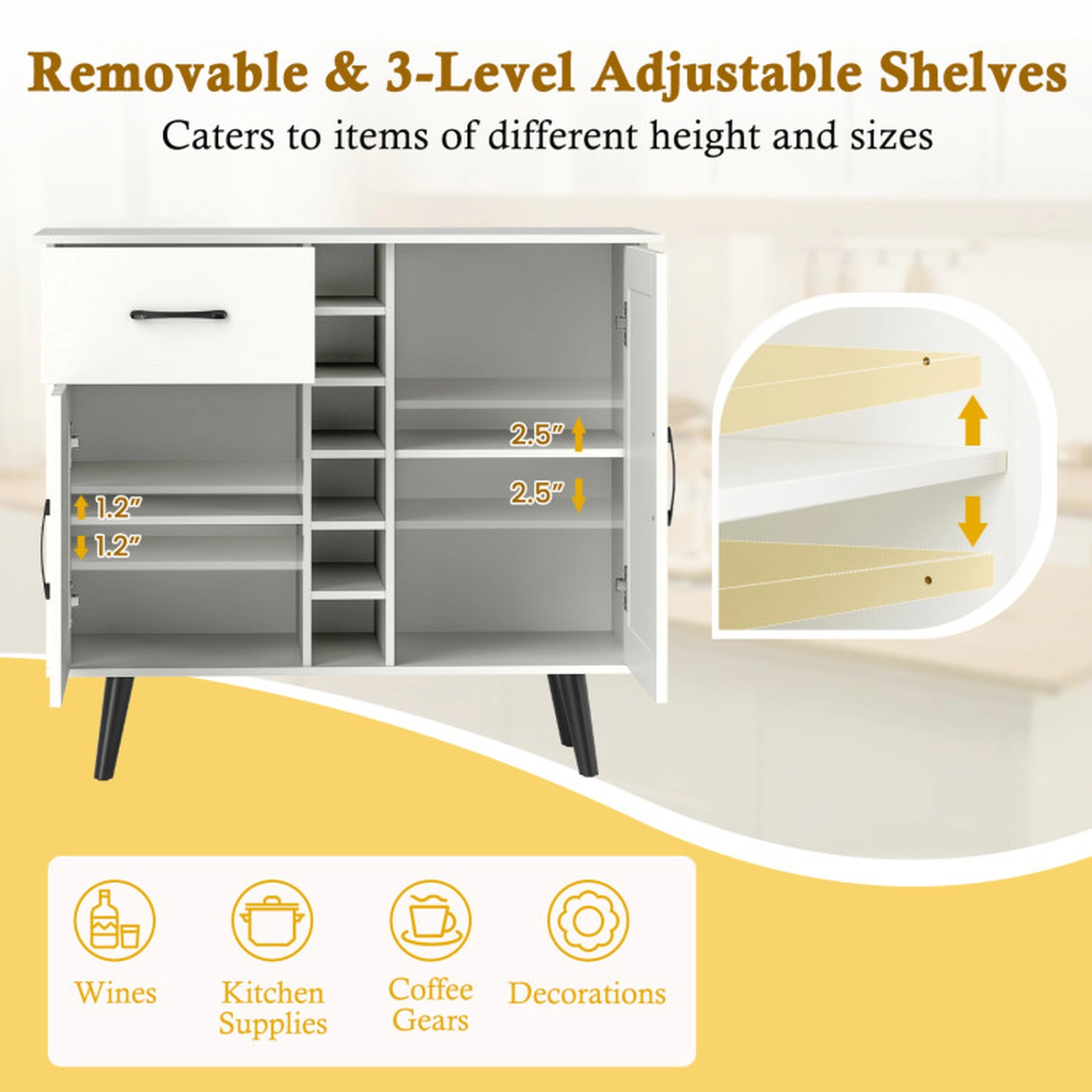 SUGIFT 6-Bottle Rack 2 Door Cabinets Metal Legs Buffet Wine Cabinet 35.5-in x 16-in x 31-in 125-lb Capacity White