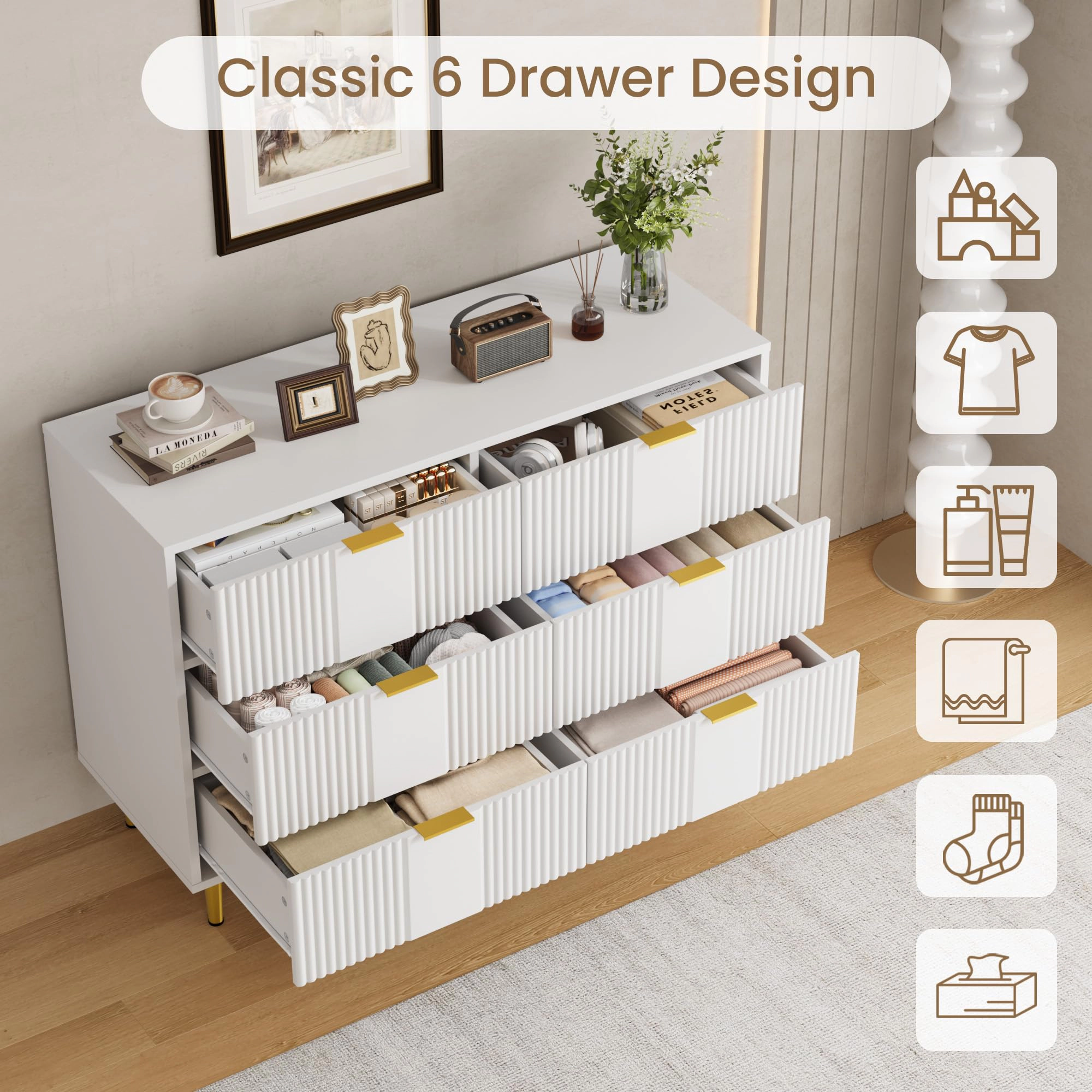 39.4" Fluted 6 Drawer Dresser with Metal Handles, Modern Wood Storage Chest for Bedroom