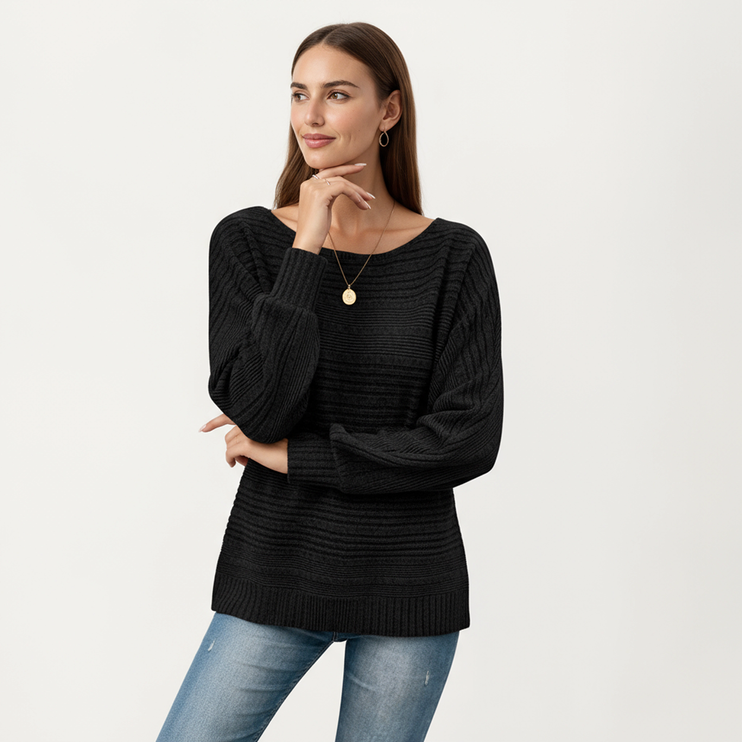 Anna-Kaci Women's Striped Boat Neck Relaxed Fit Long Sleeve Knit Sweater