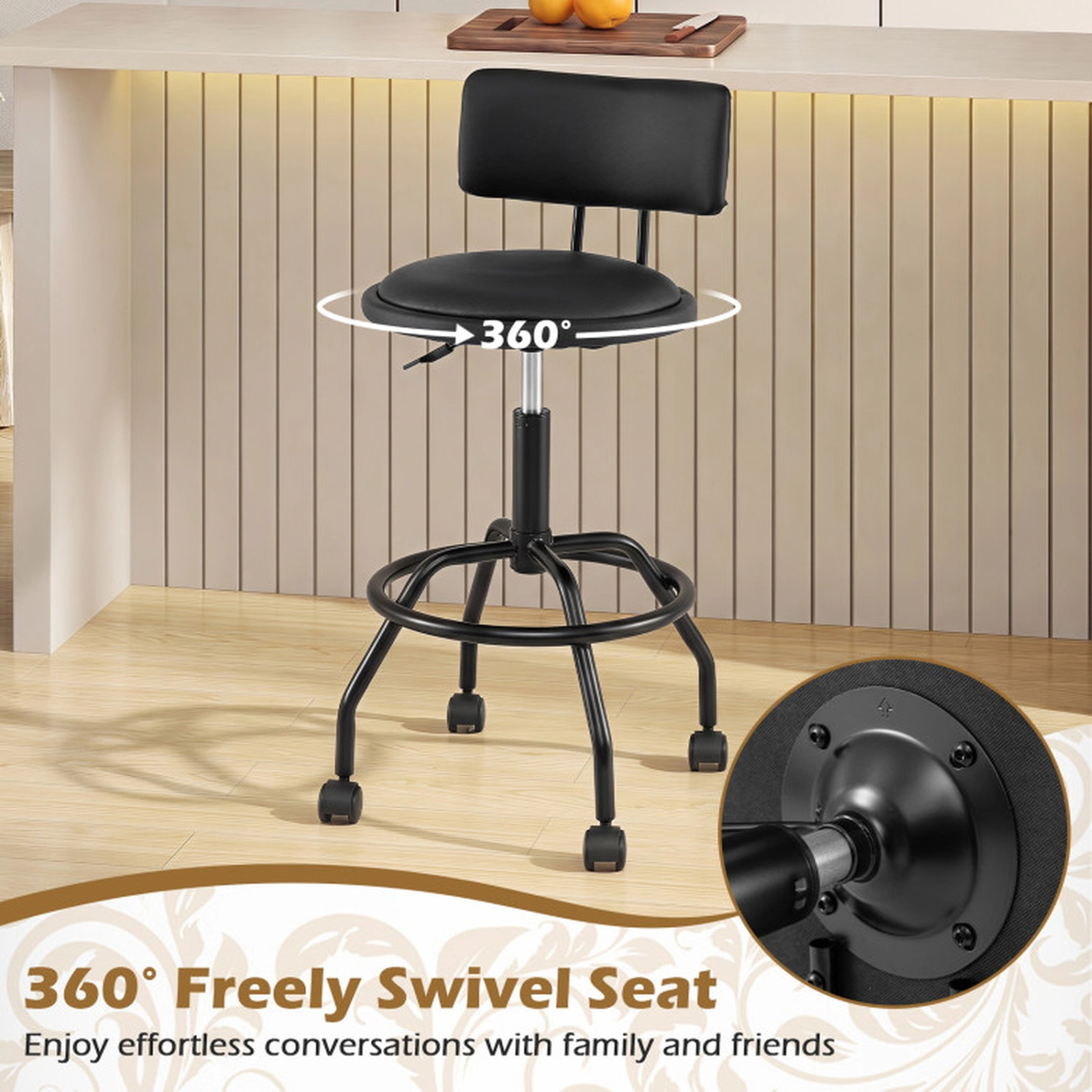 SUGIFT Set of 4 Black Adjustable Swivel Bar Stools, 26-30.5 in Seat Height