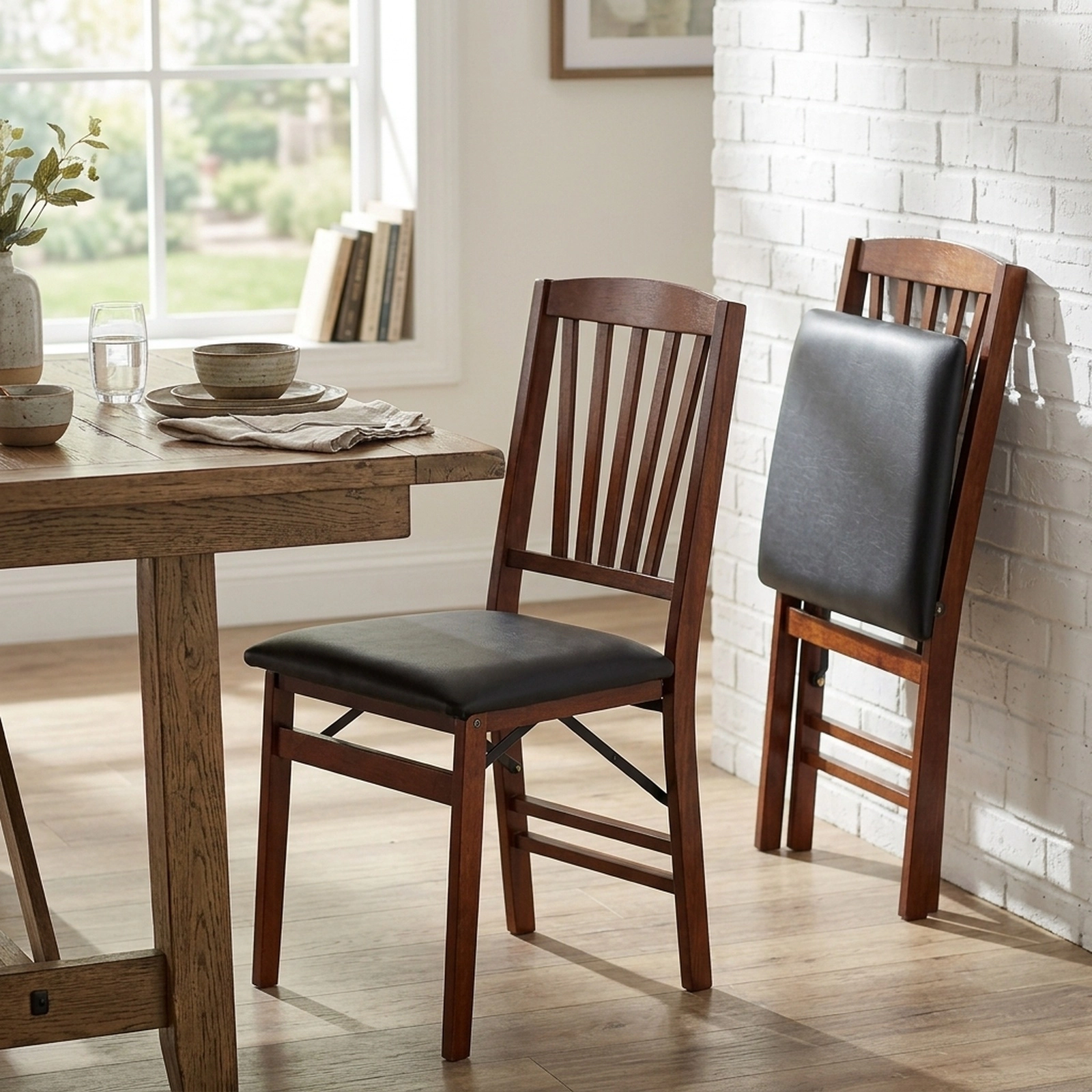 SUGIFT Folding Dining Chairs Set of 2, Brown PU Leather, Rubber Wood, 400 lb Capacity