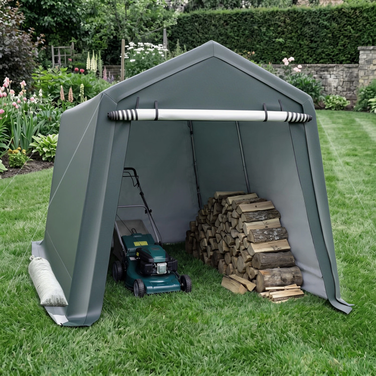 SUGIFT Roll-Up Zipper Door Waterproof PE Fabric Outdoor Storage Shed 8.3-ft x 14-ft x 7.5-ft 74.5-lb Net Weight Green