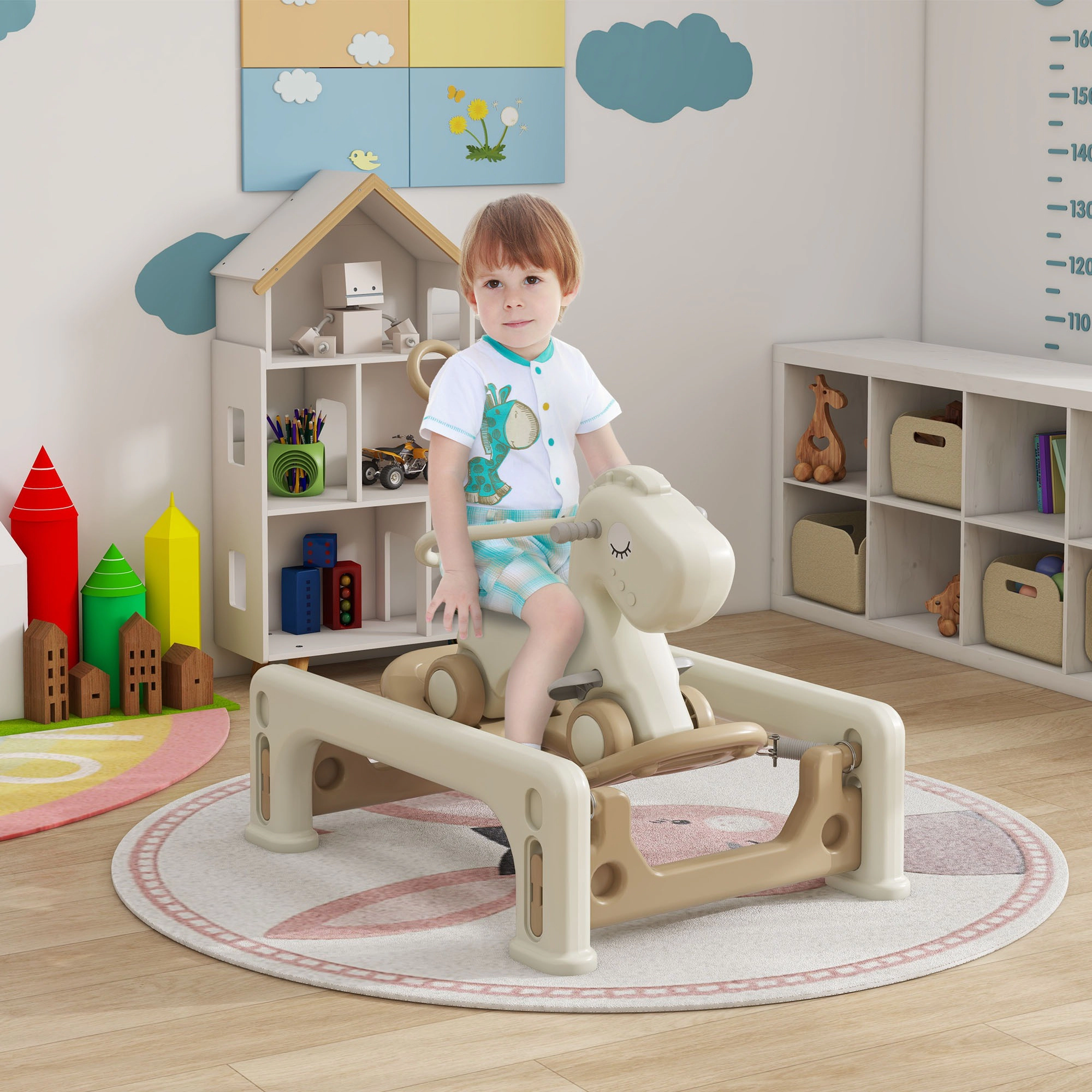 HONGGE 5-in-1 Ride-On Rocking Horse for Toddlers 1-3 Years, Detachable Balance Board & Push Handle, Cream White