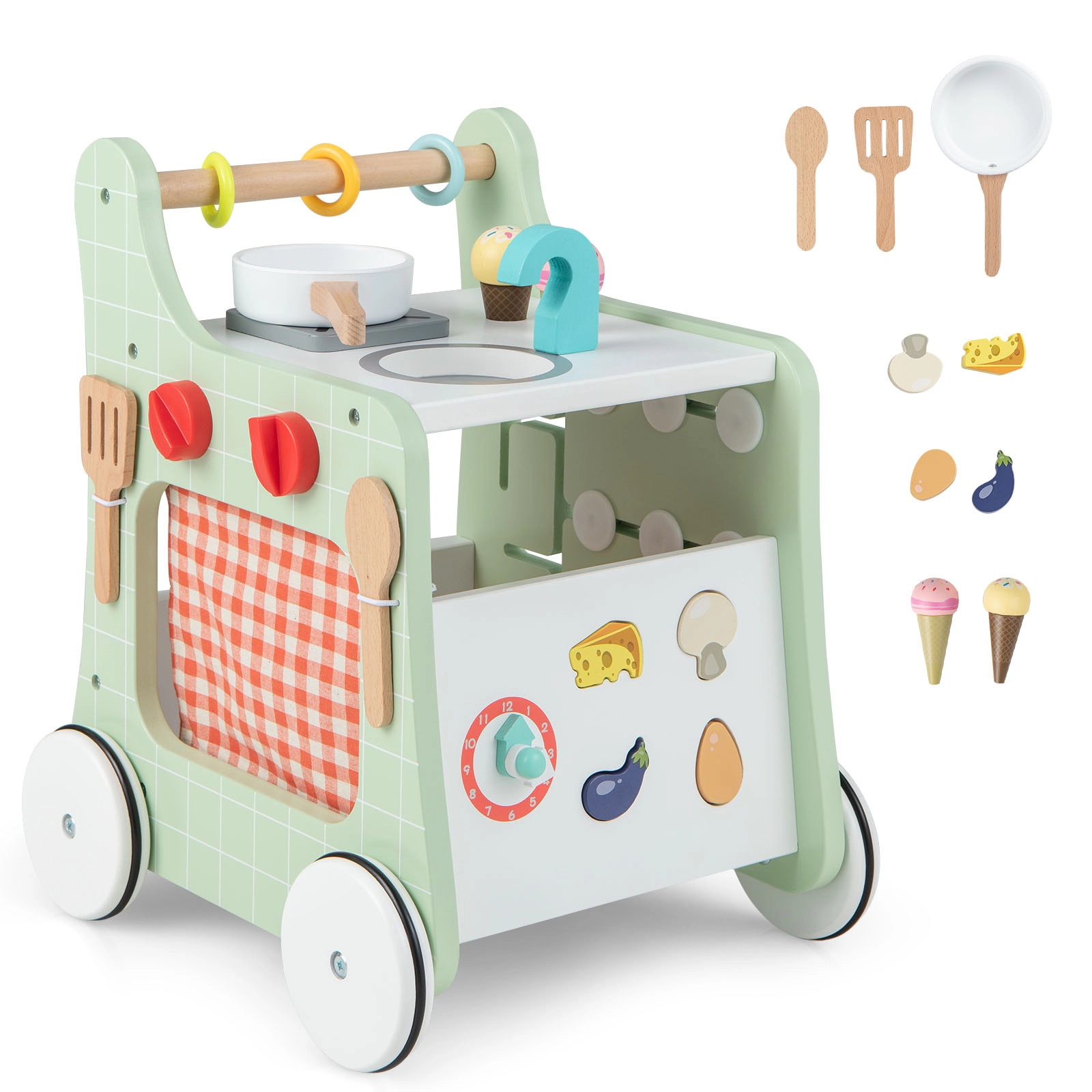 SUGIFT 6-in-1 Wooden Baby Walker Stroller with Play Kitchen for Kids Over 12 Months Multicolor