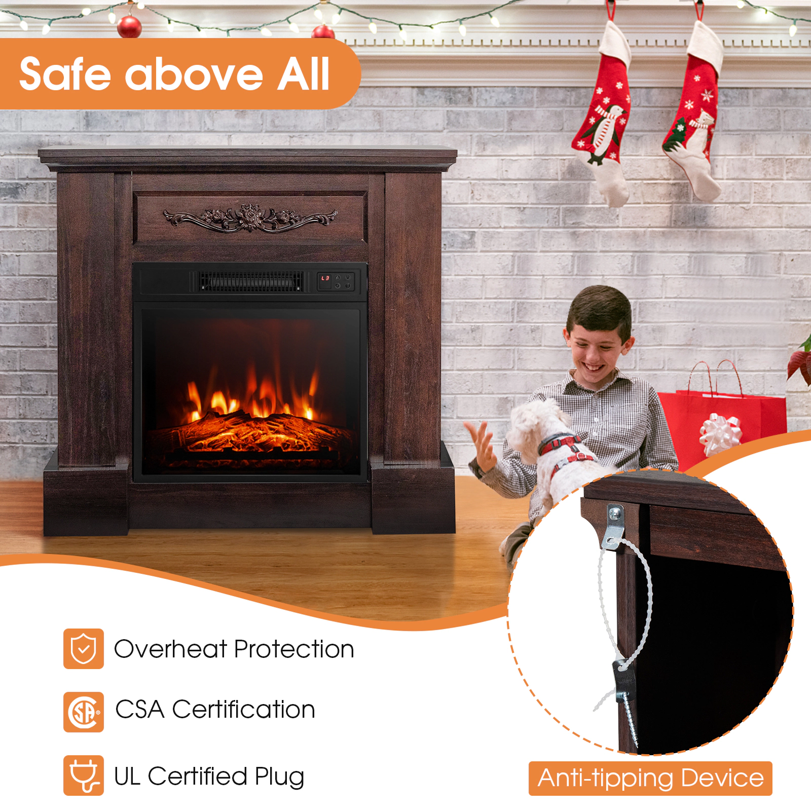 SUGIFT 1400W Electric Fireplace Mantel TV Stand 32-in Tall 22-lb Capacity with Remote Control Natural/White