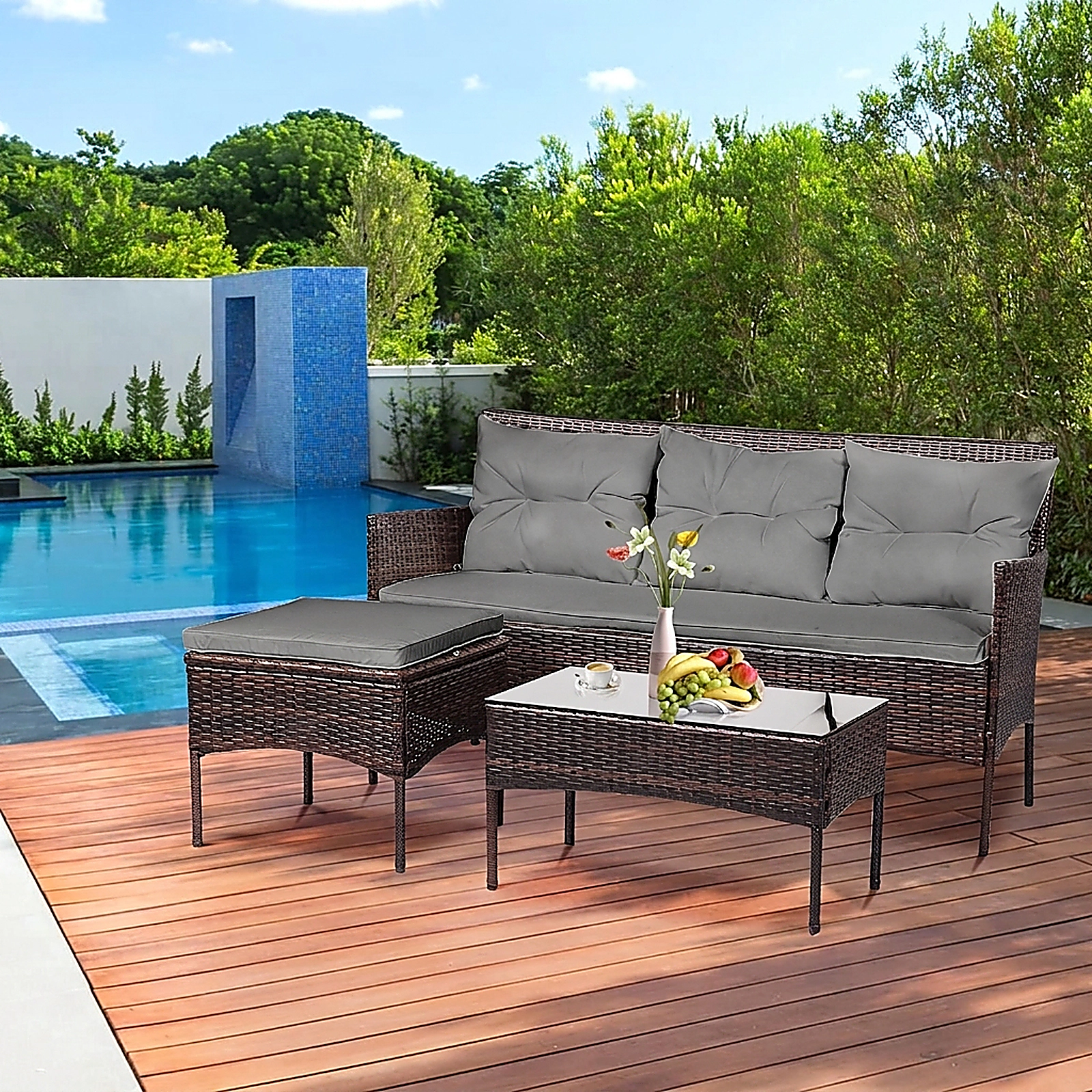 SUGIFT 3-Piece Gray Rattan Patio Sofa Set with Ottoman, Glass Table and 5 Cushions