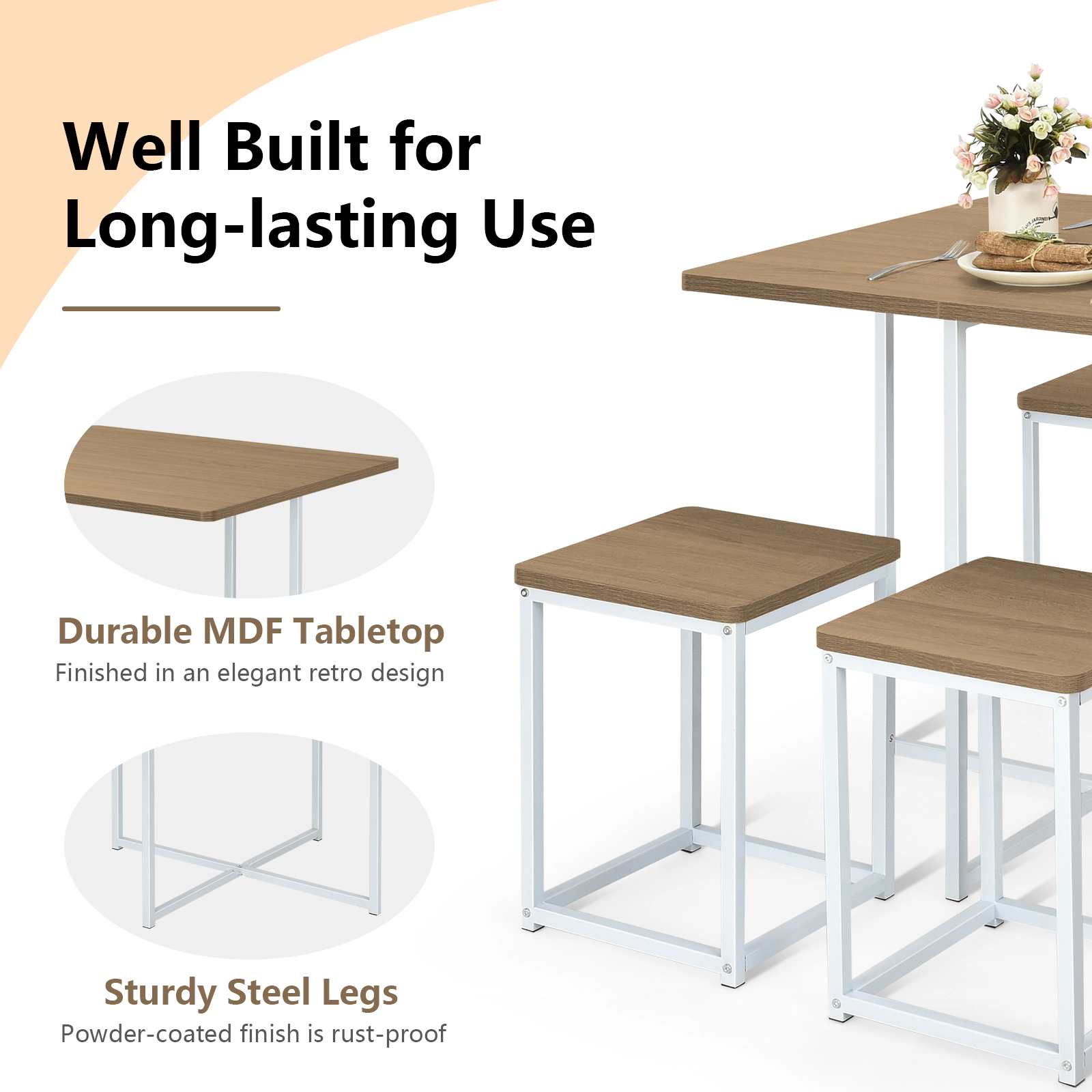 SUGIFT 5-Piece Steel Frame Square Table 4 Stools Compact Dining Set 31-in x 31-in x 30-in 150-lb Capacity Natural