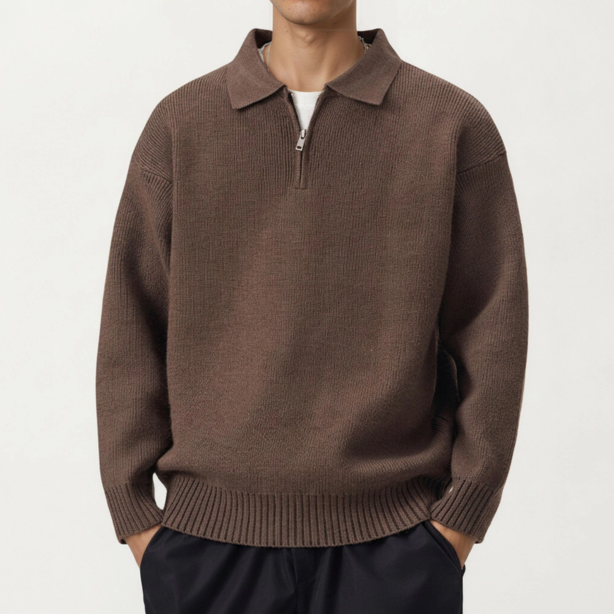 Anna-Kaci Men's Long Sleeve Collared Quarter Zip Knit Pullover Sweater with Ribbed Trim and Relaxed Fit