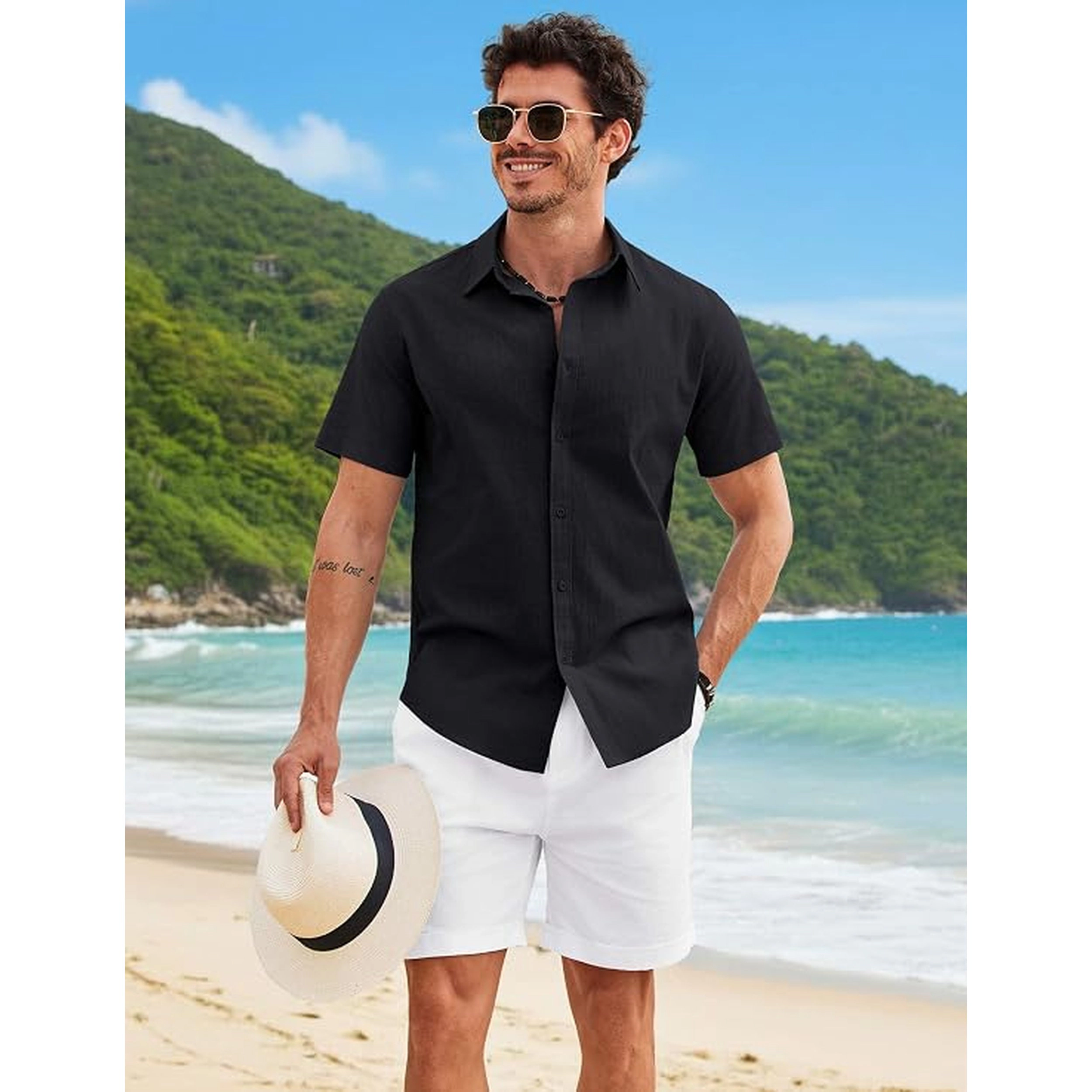 COOFANDY Mens Short Sleeve Button Down Shirts  V Neck Collared Casual Tops