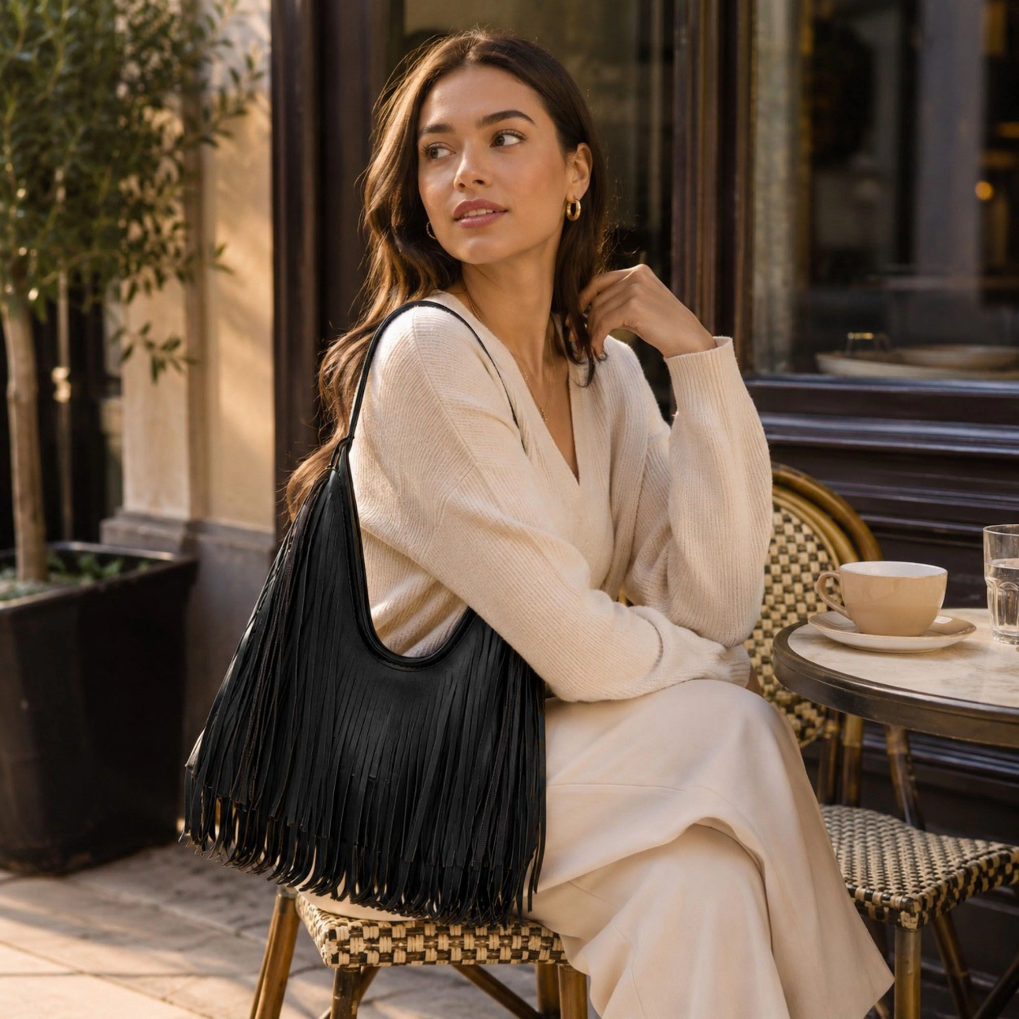 Alilang Women's Fringe Shoulder Bag Beige Suede Look Boho Hobo Purse with Long Strap