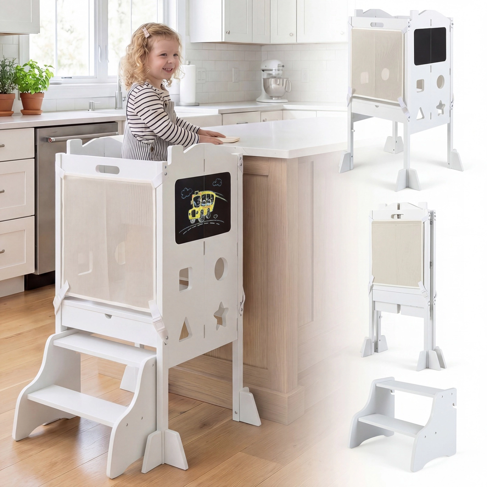SUGIFT White Foldable Toddler Learning Tower with Chalkboards and 2-Step Stool for Kids Kitchen Helper