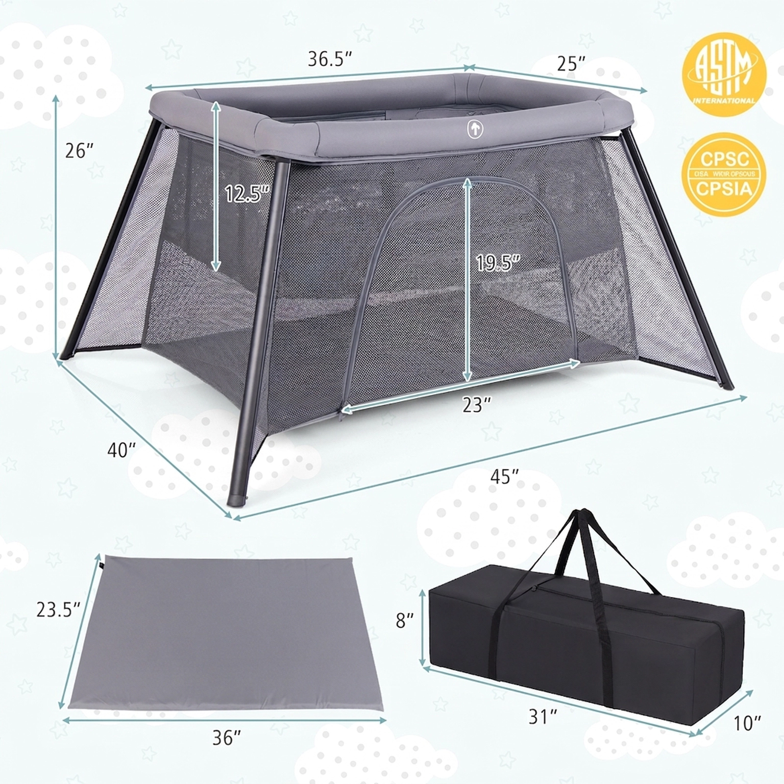 SUGIFT 2-in-1 Baby Playpen and Travel Crib 33-lb Capacity Ages 0-36 Months with Zippered Entrance and Padded Mattress