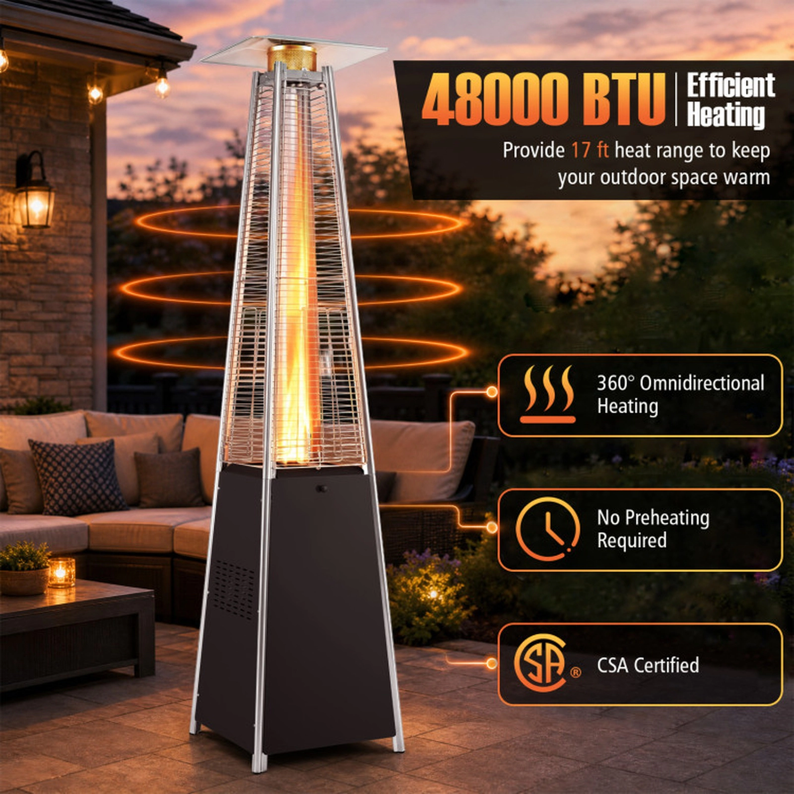 SUGIFT Silver Pyramid Propane Patio Heater with Zippered Cover and Wheels 45000-BTU 20.5-in W 20.5-in D 89-in H