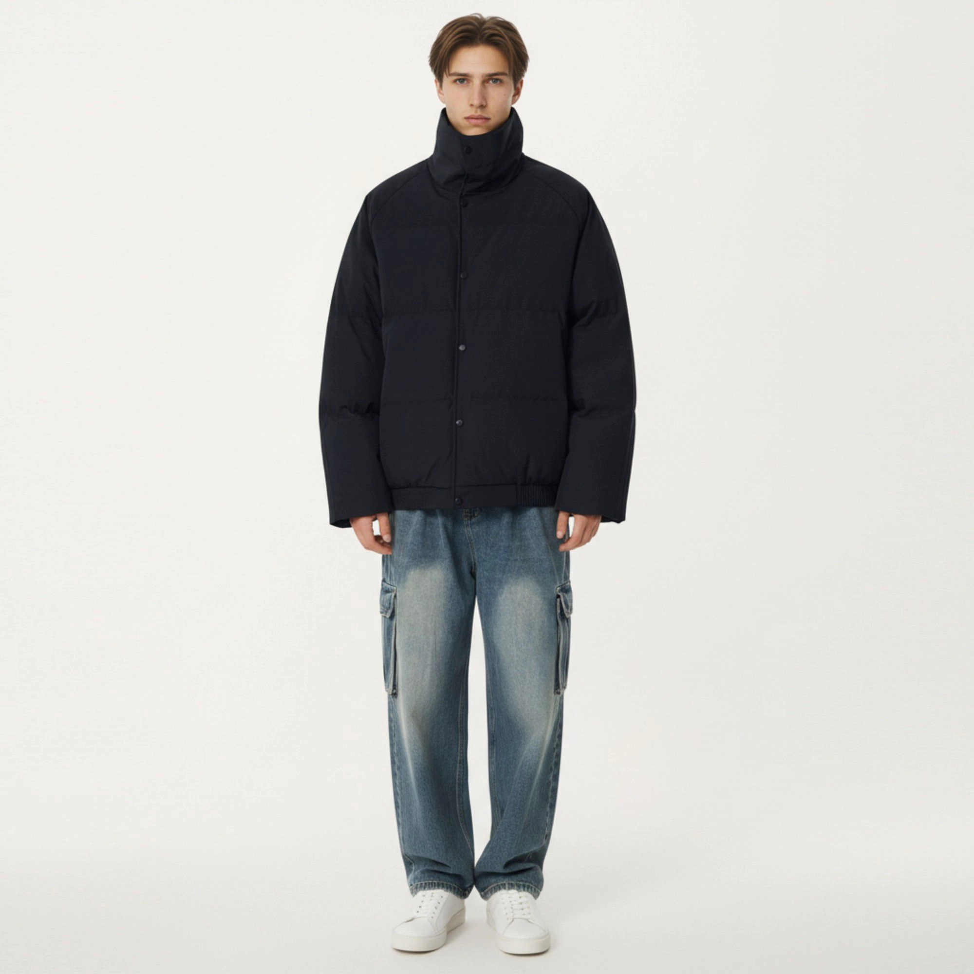 Anna-Kaci Men's Quilted Puffer Jacket with Stand Collar Snap Front and Ribbed Hem