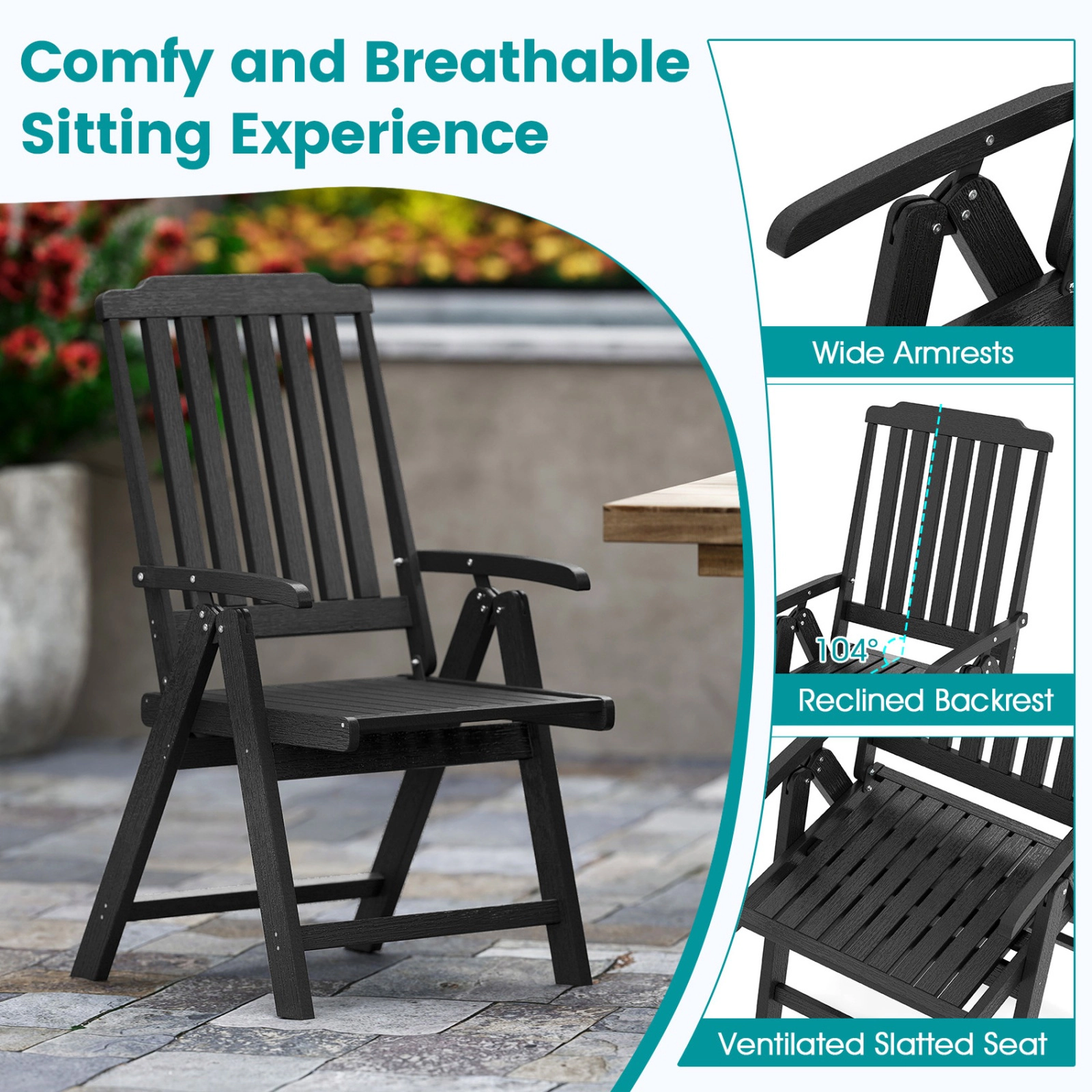 SUGIFT Foldable All-Weather HDPE Patio Dining Chair with Armrests 330-Lb Capacity 24-Lb Net Weight Black