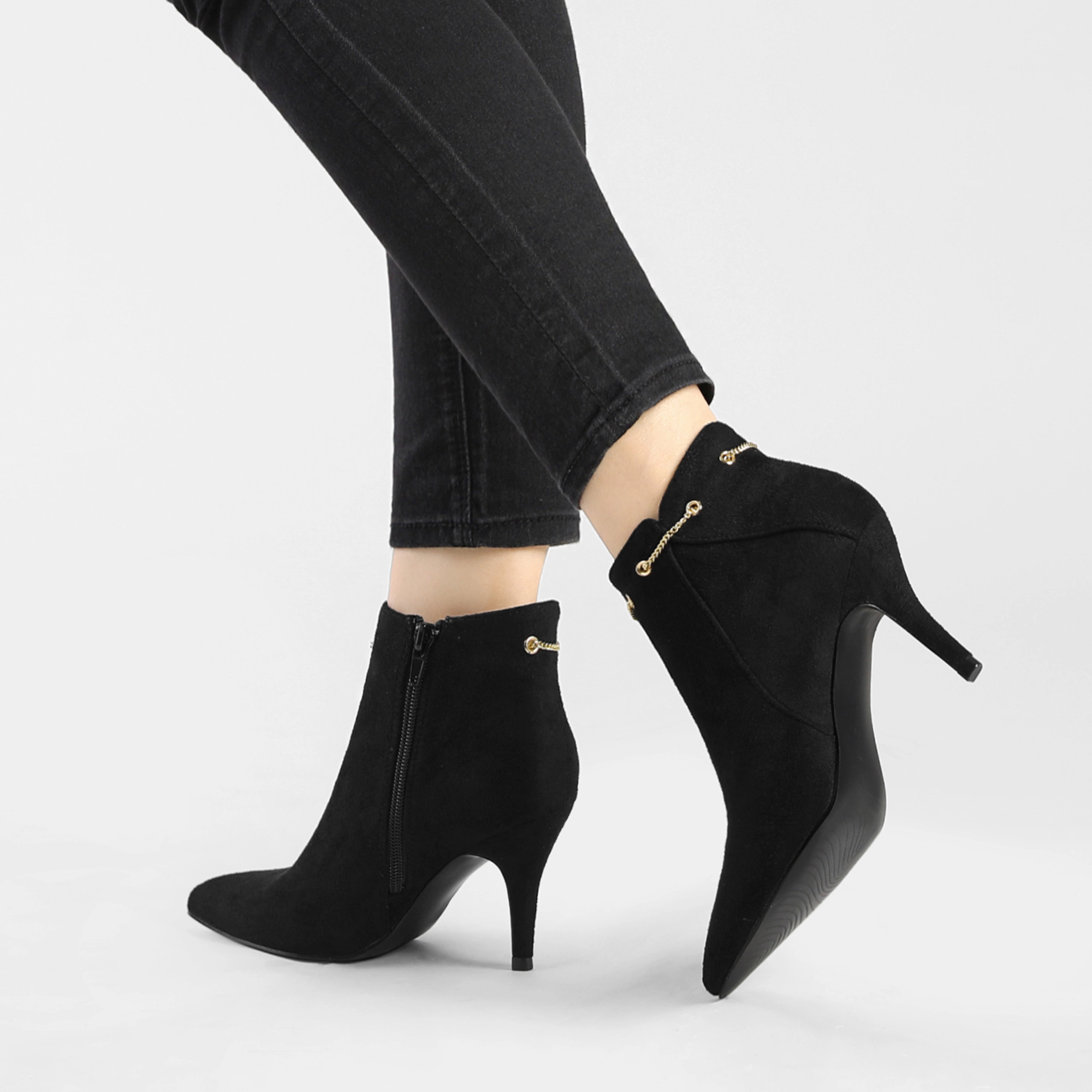 BLISSFUL STEP Women Faux Suede Pointed Toe Side Zip Stiletto Heel Ankle Booties
