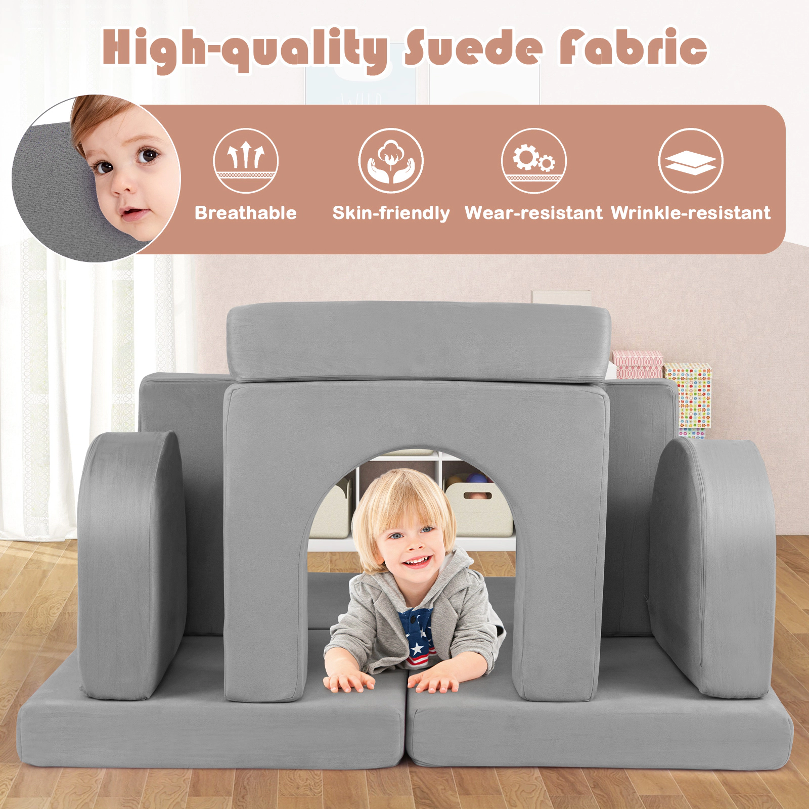 8-Piece Modular Kids Play Couch 56-in Toddler Foam Sofa with Wear-Resistant Suede Covers Zip-Off Machine-Washable Gray
