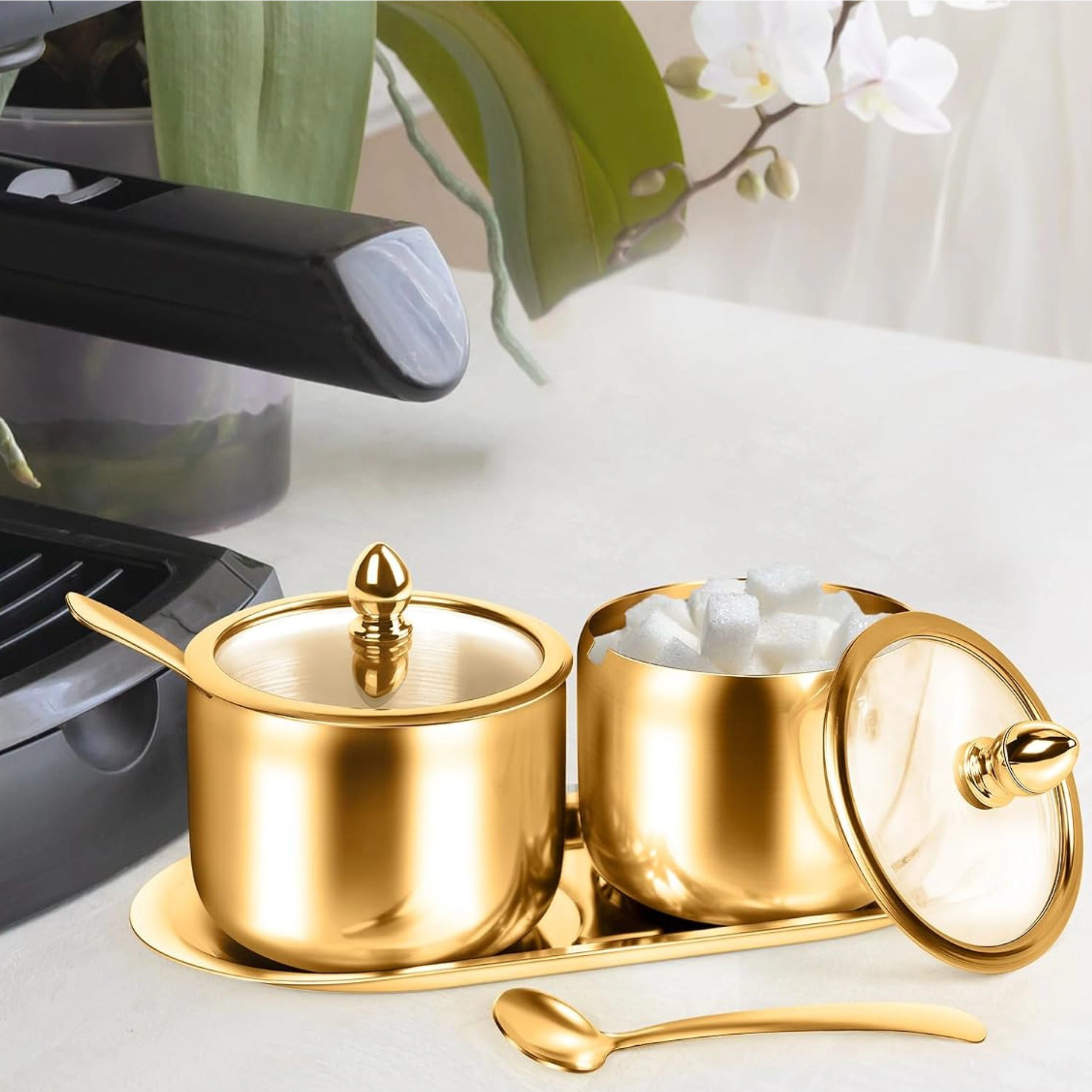 Stock Preferred Pack of 2 Coffee and Sugar Dispenser Set with Tray Glass Lids Spoons 10 oz
