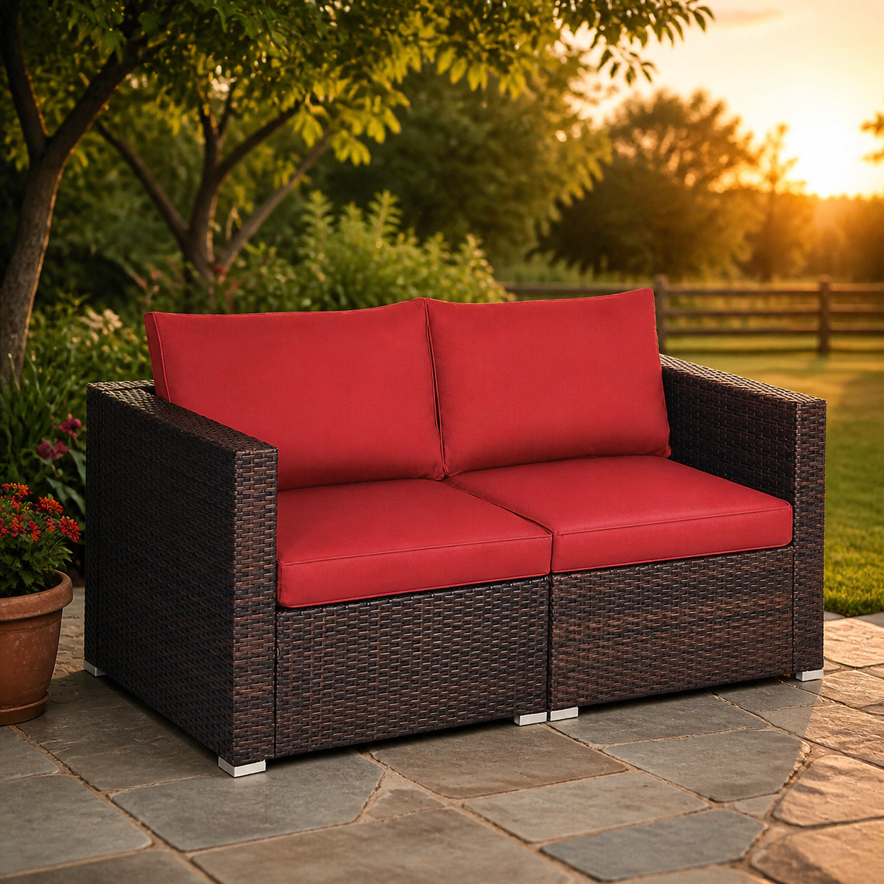 SUGIFT 2-Piece Red Rattan Patio Corner Sofa Set with 4 Zip Cushions