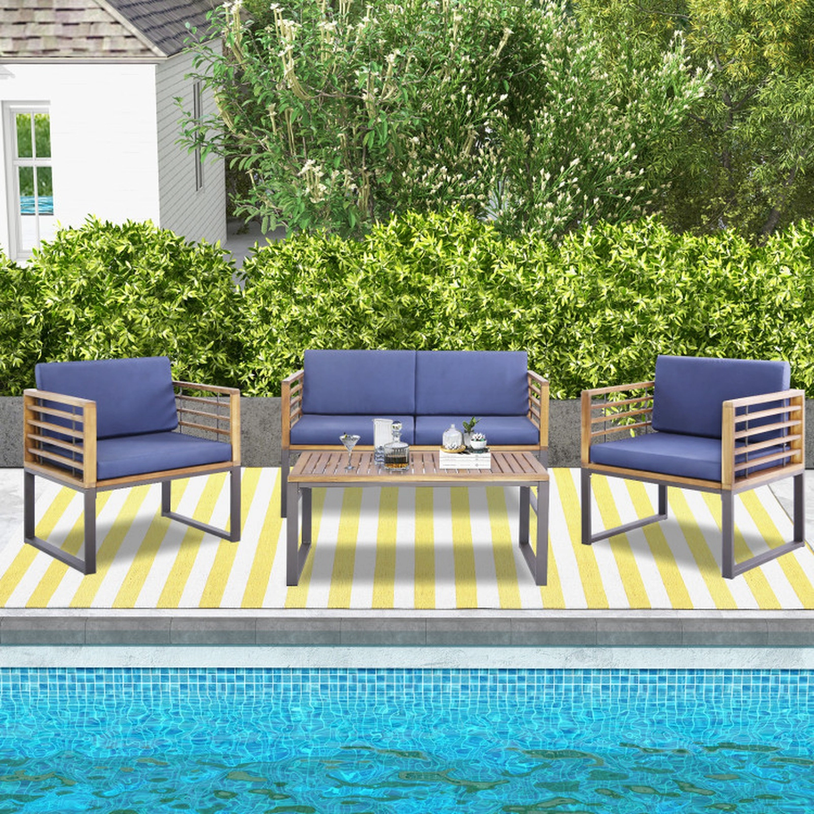 SUGIFT 4 Piece Patio Acacia Wood and Metal Conversation Set with Soft Cushions 400/800-lb Capacity Navy Blue